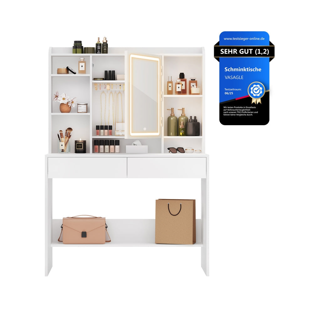 Dressing Table - Wood - Cloud White - Adjustable LED Lights with Mirror and Spacious Storage