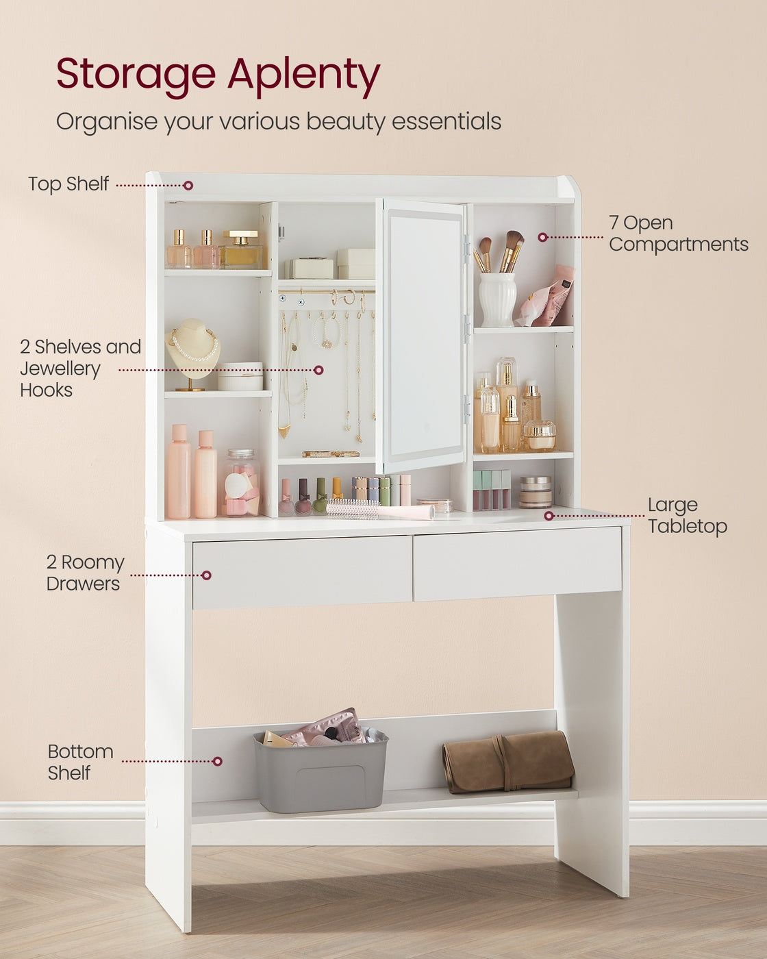 Dressing Table - Wood - Cloud White - Adjustable LED Lights with Mirror and Spacious Storage