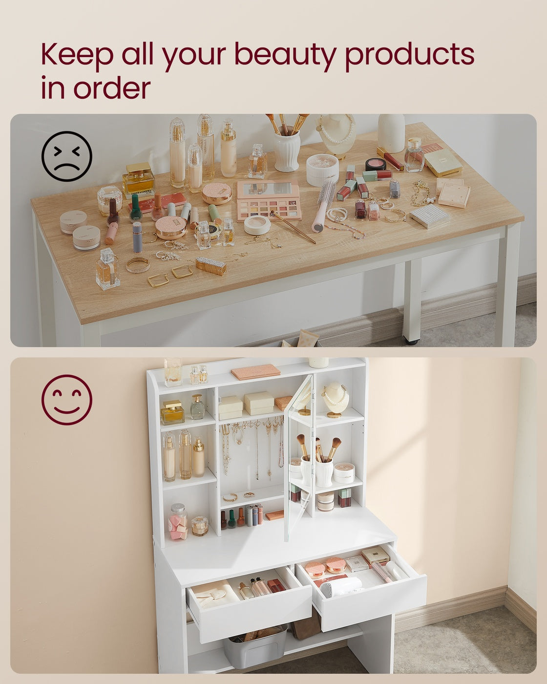 Dressing Table - Wood - Cloud White - Adjustable LED Lights with Mirror and Spacious Storage