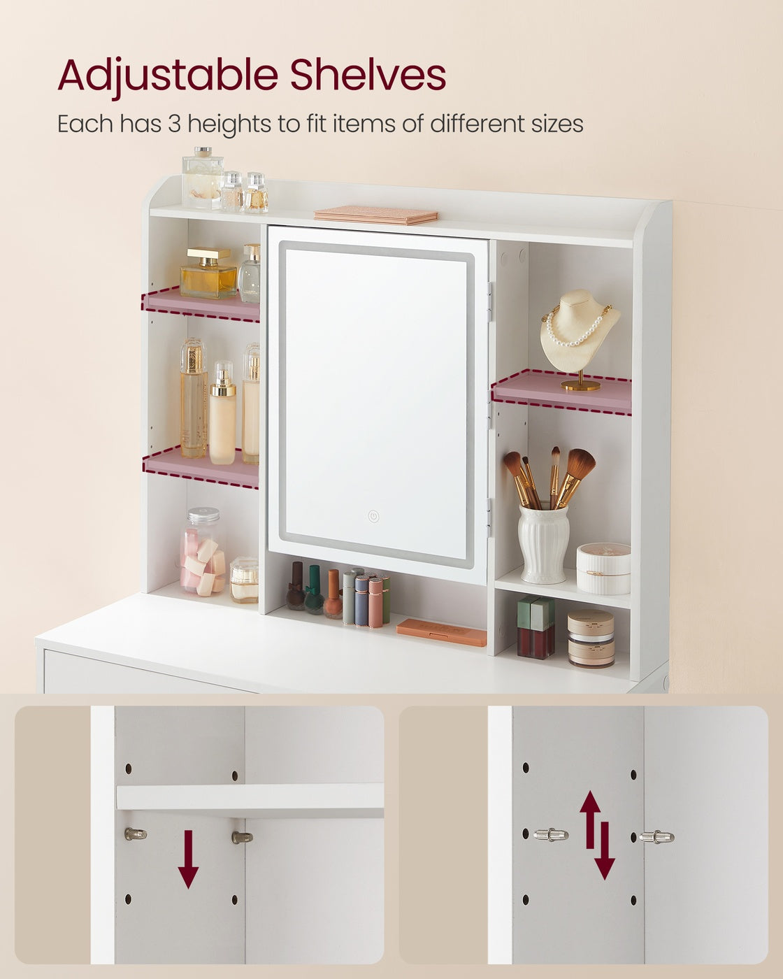 Dressing Table - Wood - Cloud White - Adjustable LED Lights with Mirror and Spacious Storage