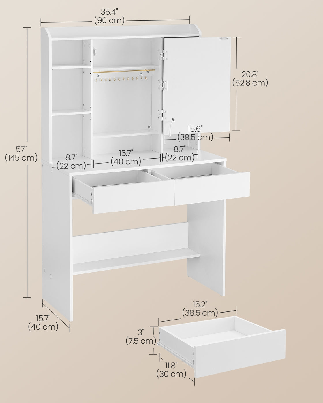 Dressing Table - Wood - Cloud White - Adjustable LED Lights with Mirror and Spacious Storage