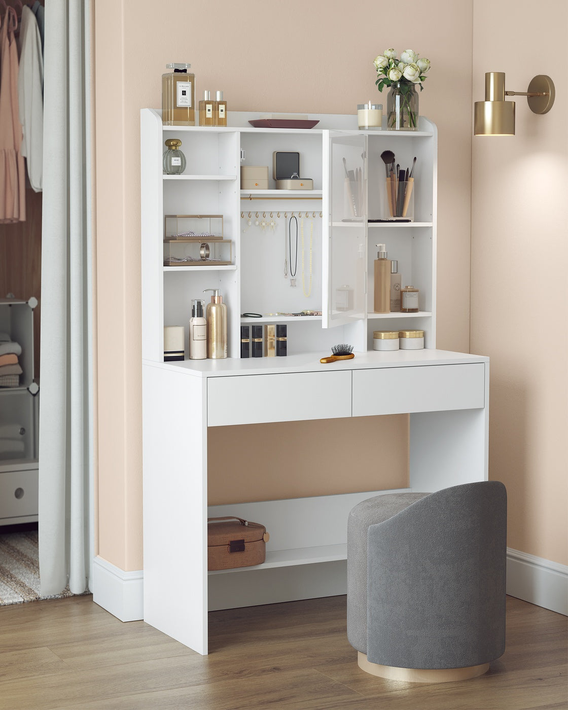 Dressing Table - Wood - Cloud White - Adjustable LED Lights with Mirror and Spacious Storage