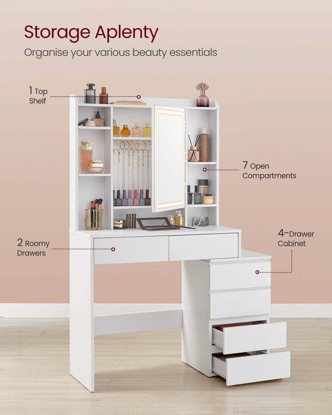 Dressing Table - Wood - Cloud White - LED Lights