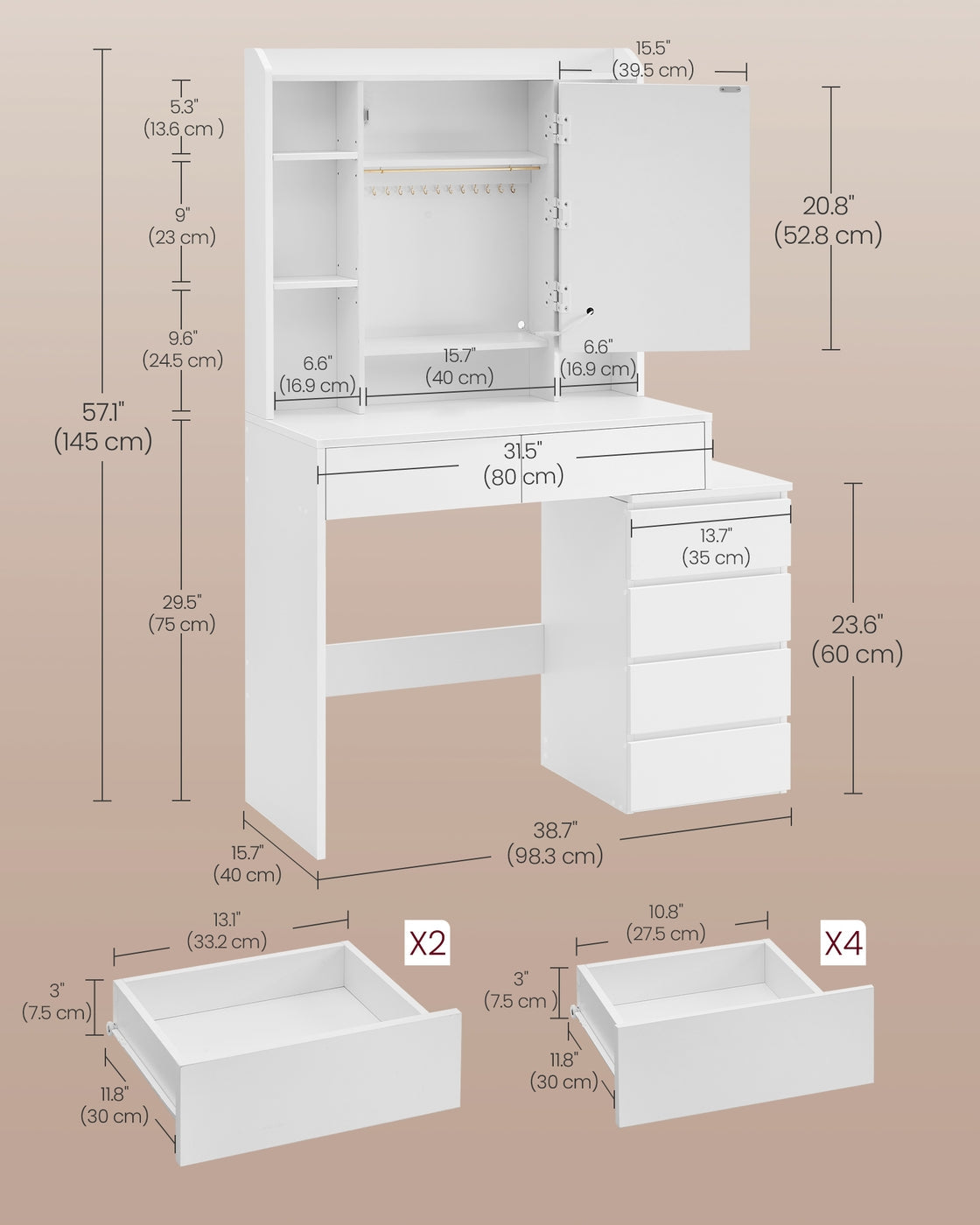 Dressing Table - Wood - Cloud White - LED Lights