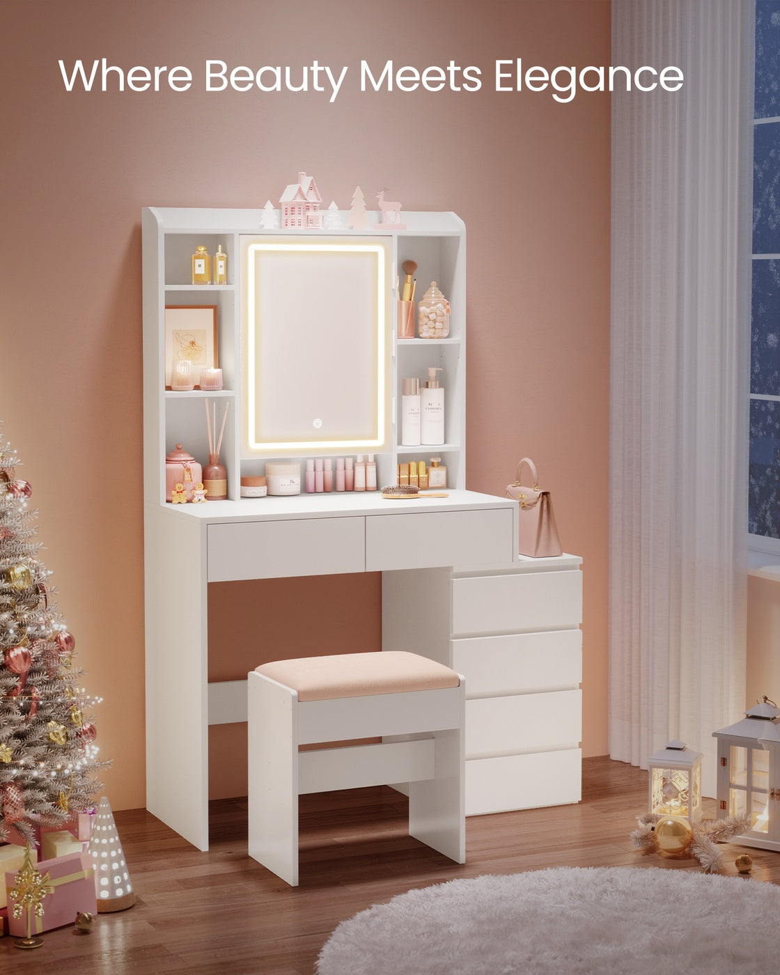 Dressing Table - Wood - Cloud White - LED Lights