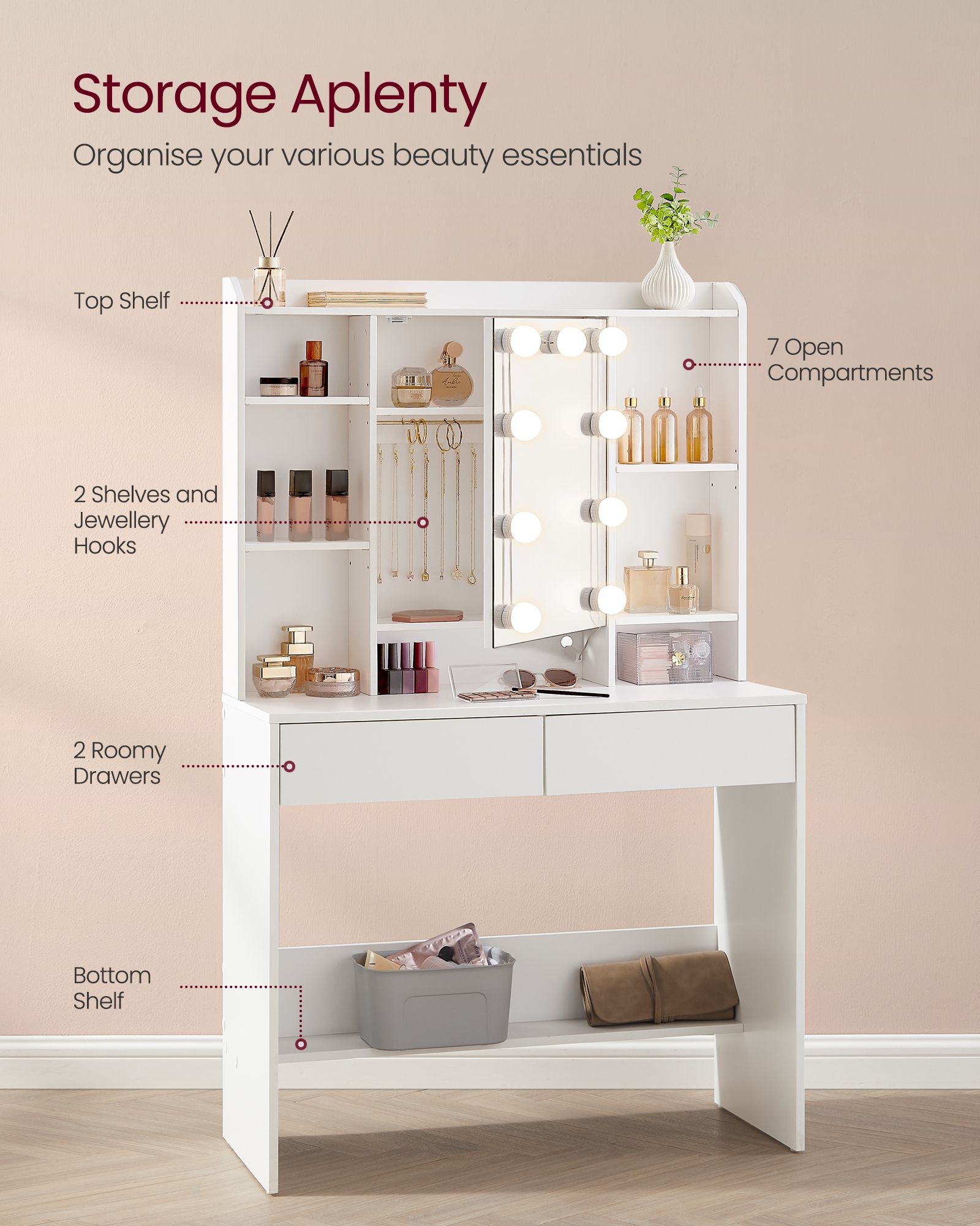 Dressing Table - Engineered Wood - Cloud White - LED Lights with Adjustable Brightness and 2 Drawers
