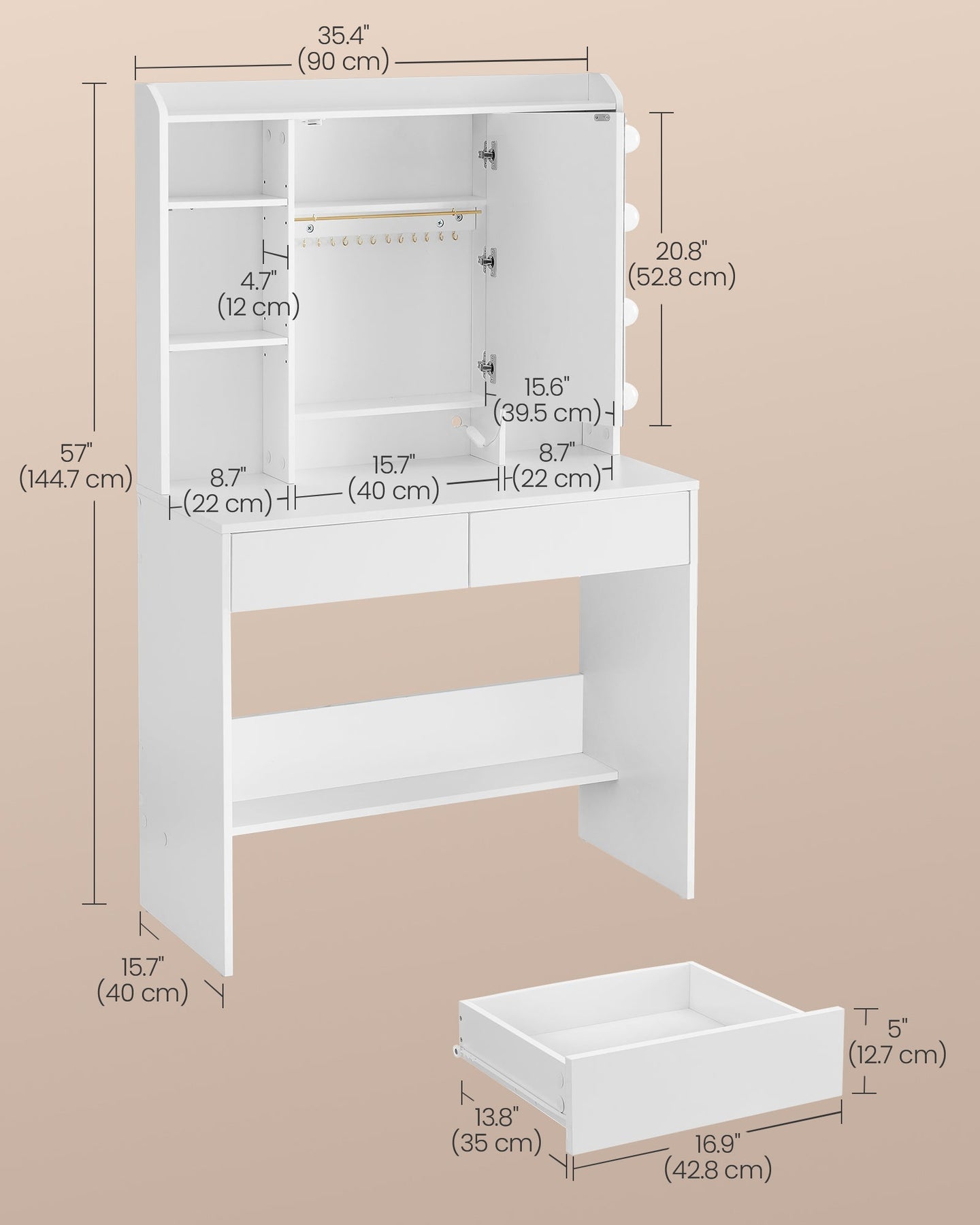 Dressing Table - Engineered Wood - Cloud White - LED Lights with Adjustable Brightness and 2 Drawers