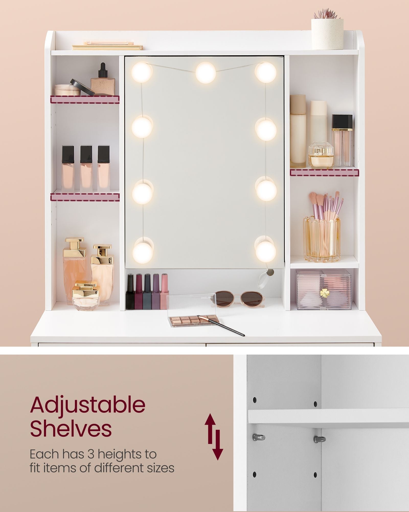 Dressing Table - Engineered Wood - Cloud White - LED Lights with Adjustable Brightness and 2 Drawers