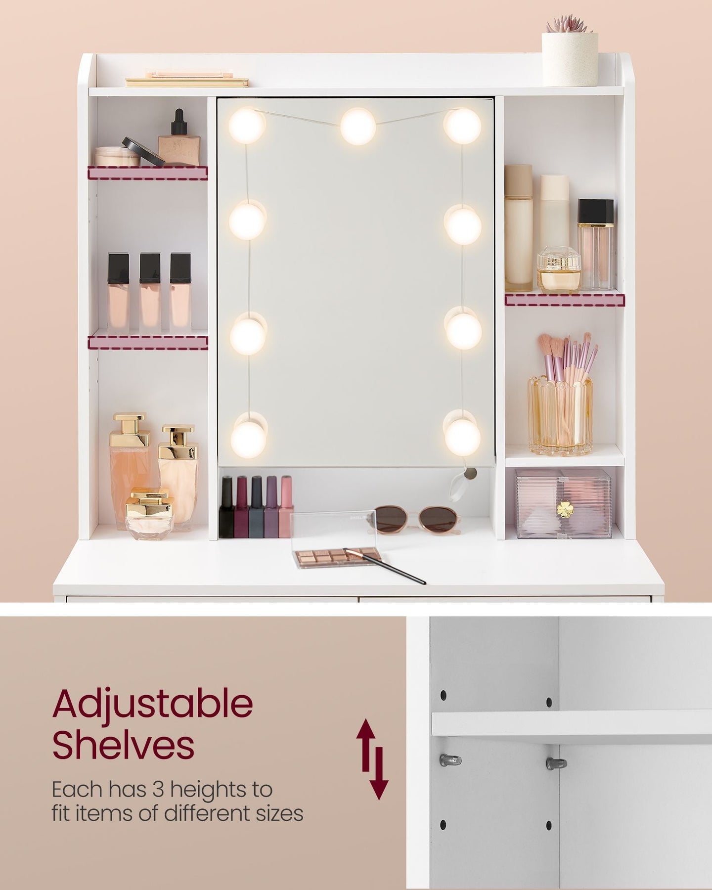 Dressing Table - Engineered Wood - Cloud White - LED Lights with Adjustable Brightness and 2 Drawers