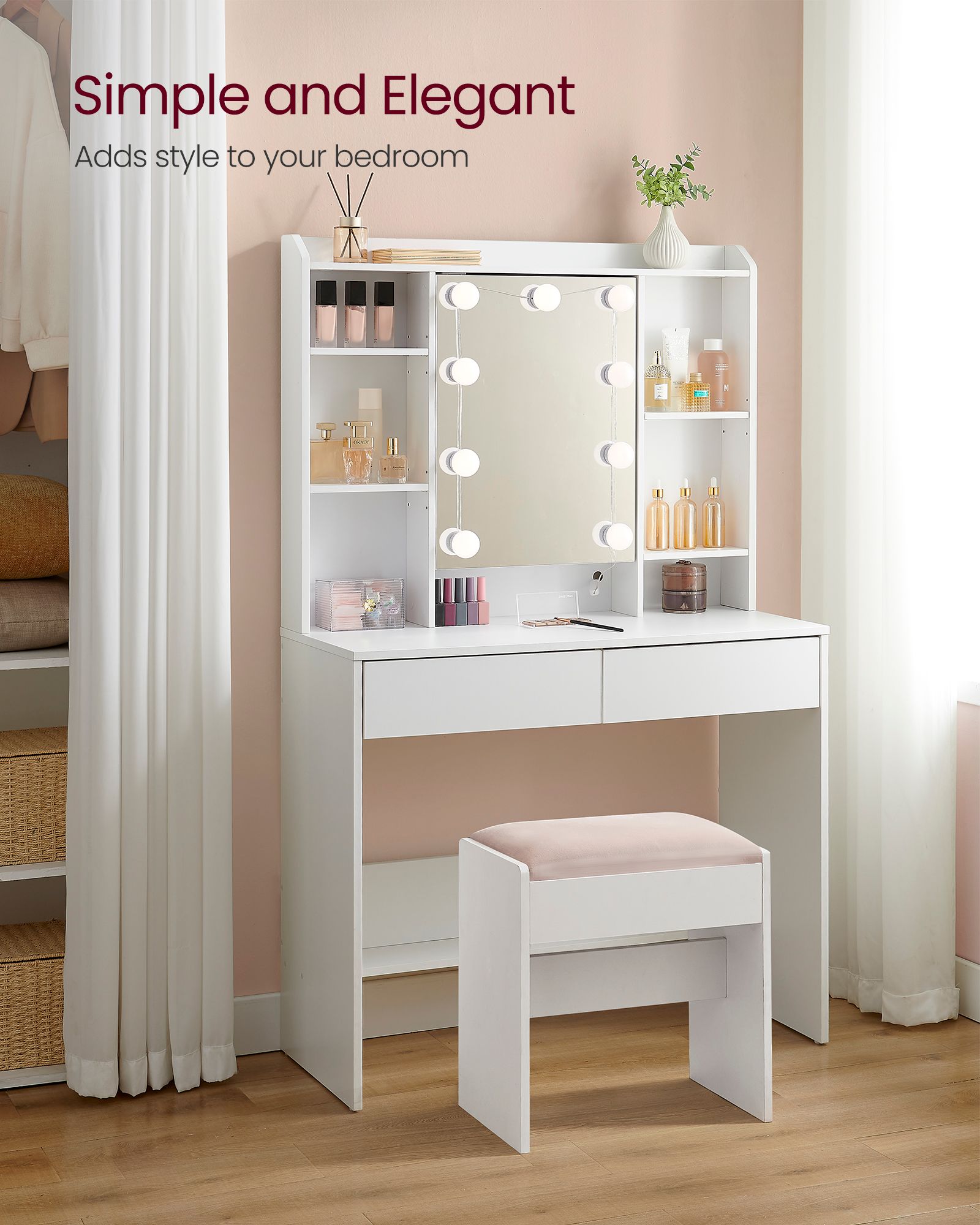 Dressing Table - Engineered Wood - Cloud White - LED Lights with Adjustable Brightness and 2 Drawers