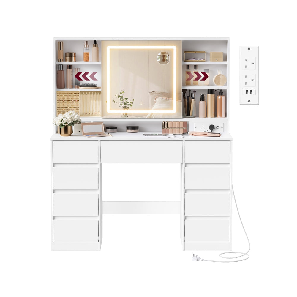 Dressing Table - MDF - Cloud White - LED Mirror with Power Outlets and 9 Drawers