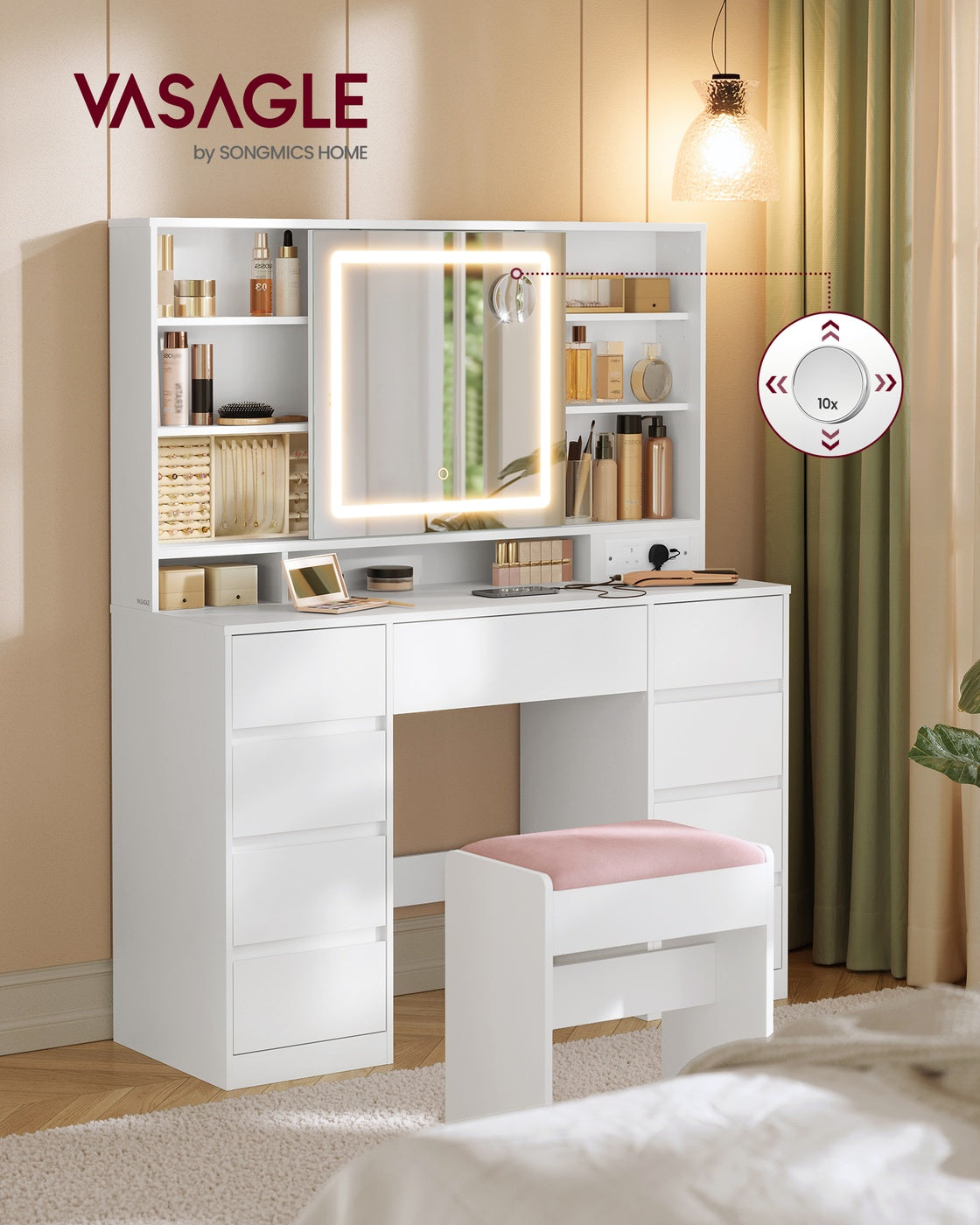 Dressing Table - MDF - Cloud White - LED Mirror with Power Outlets and 9 Drawers