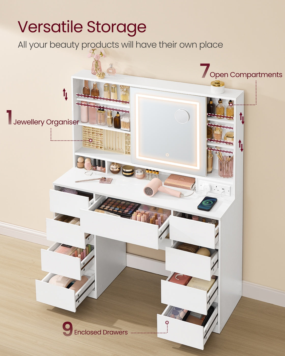 Dressing Table - MDF - Cloud White - LED Mirror with Power Outlets and 9 Drawers