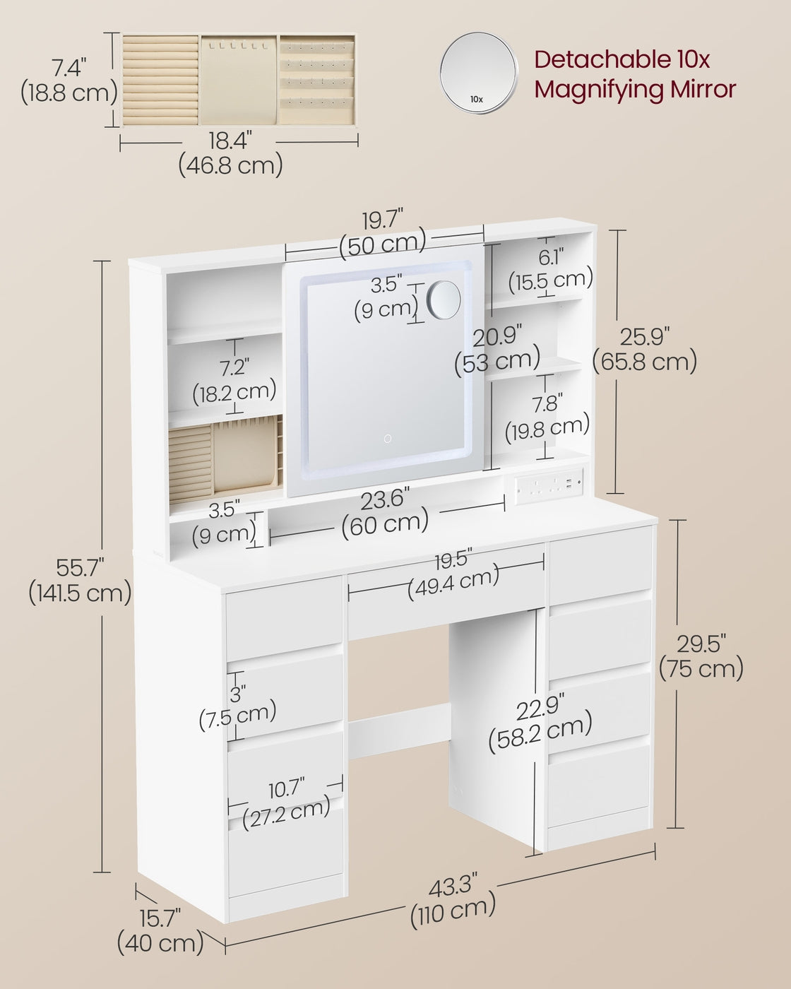 Dressing Table - MDF - Cloud White - LED Mirror with Power Outlets and 9 Drawers