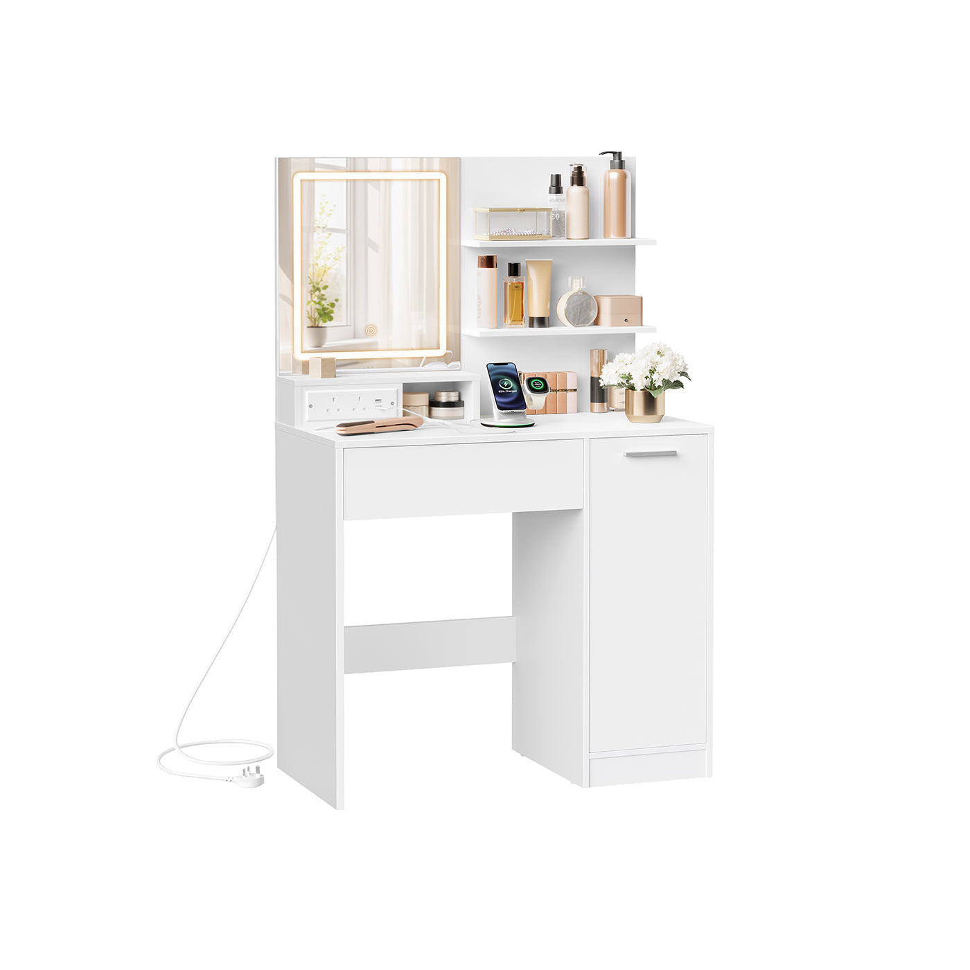 Dressing Table - MDF - White - LED Lights with Adjustable Shelves and Power Outlet