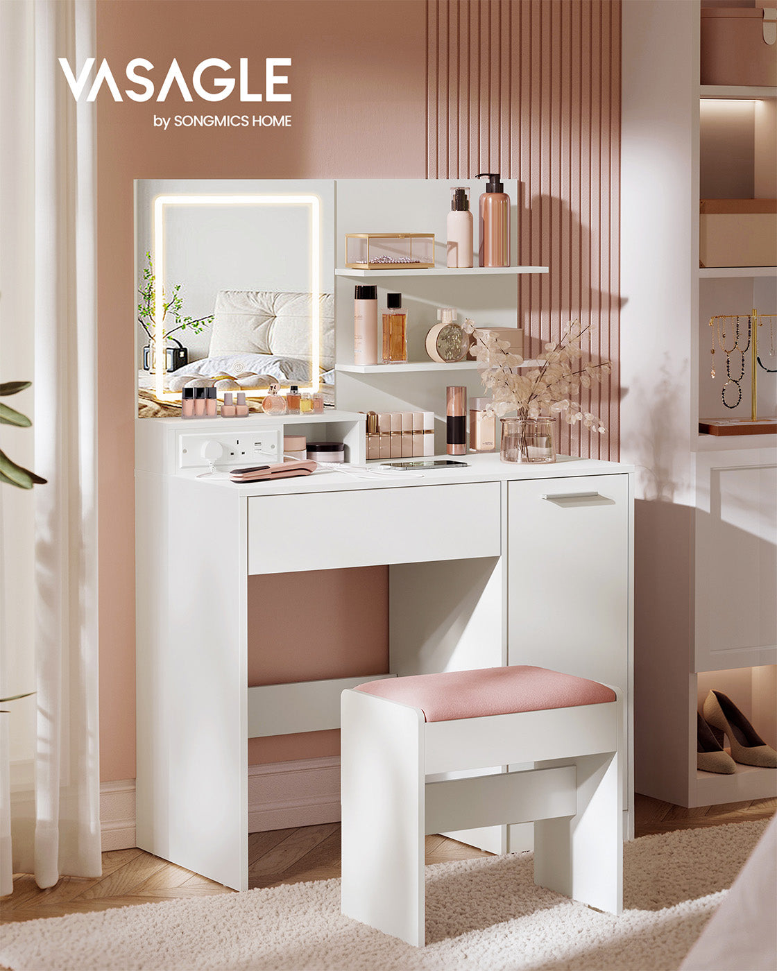 Dressing Table - MDF - White - LED Lights with Adjustable Shelves and Power Outlet