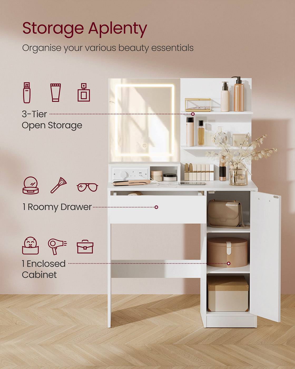 Dressing Table - MDF - White - LED Lights with Adjustable Shelves and Power Outlet