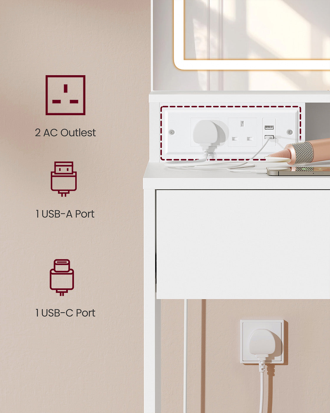 Dressing Table - MDF - White - LED Lights with Adjustable Shelves and Power Outlet