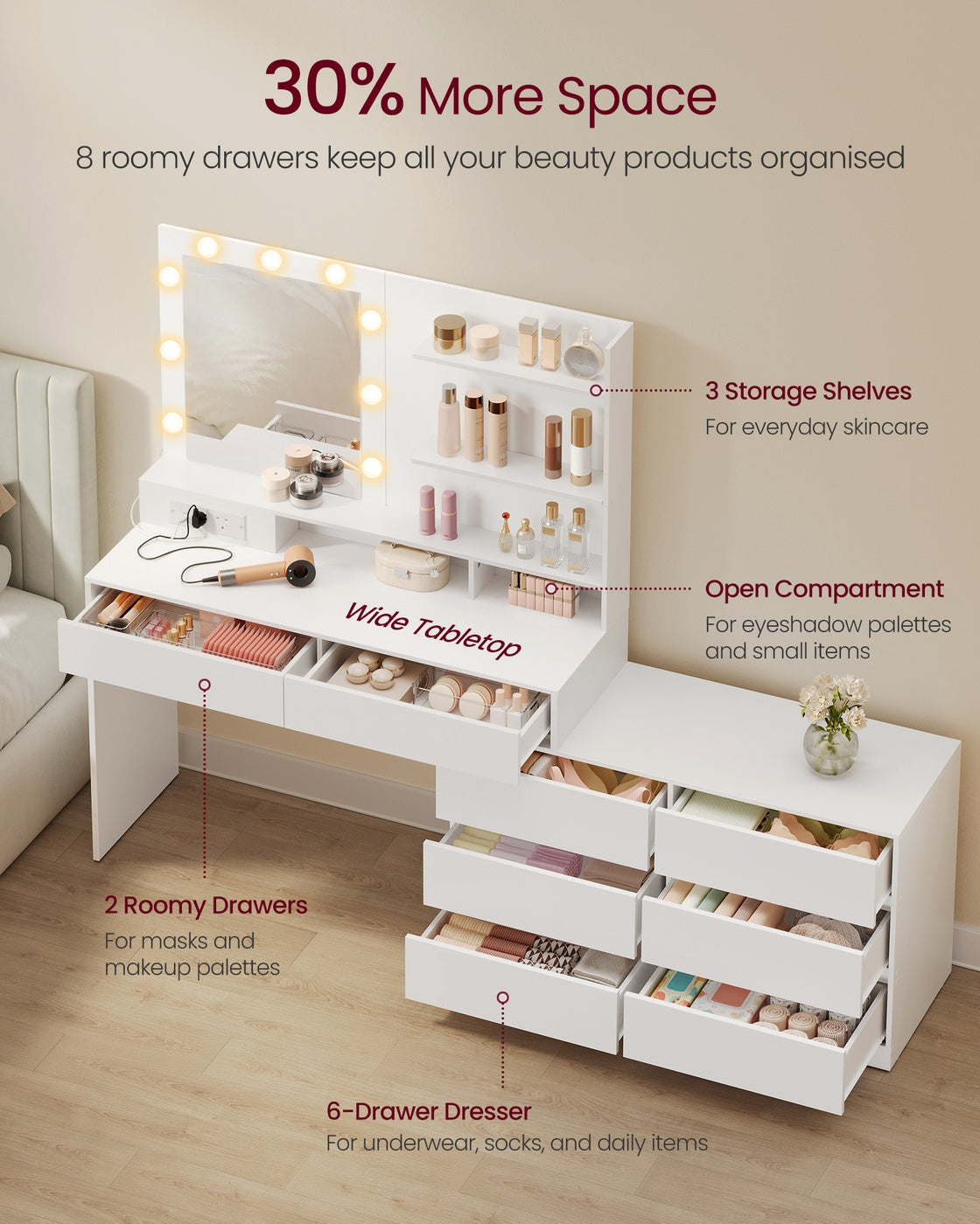 Dressing Table - 140L - Particleboard - LED Lighted Mirror