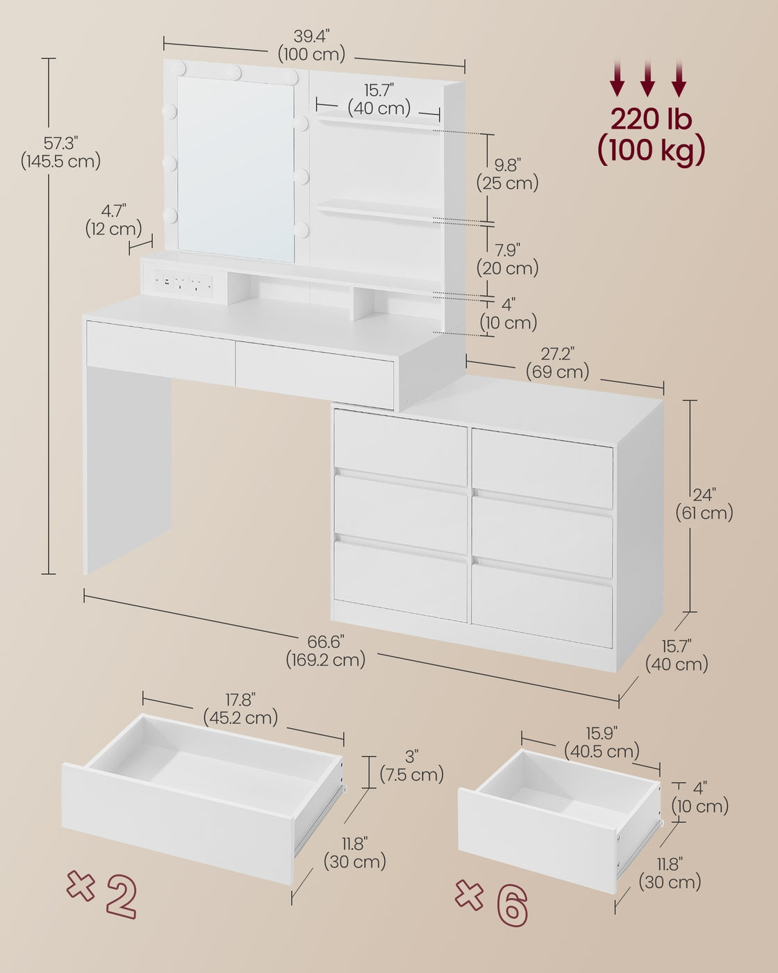 Dressing Table - 140L - Particleboard - LED Lighted Mirror