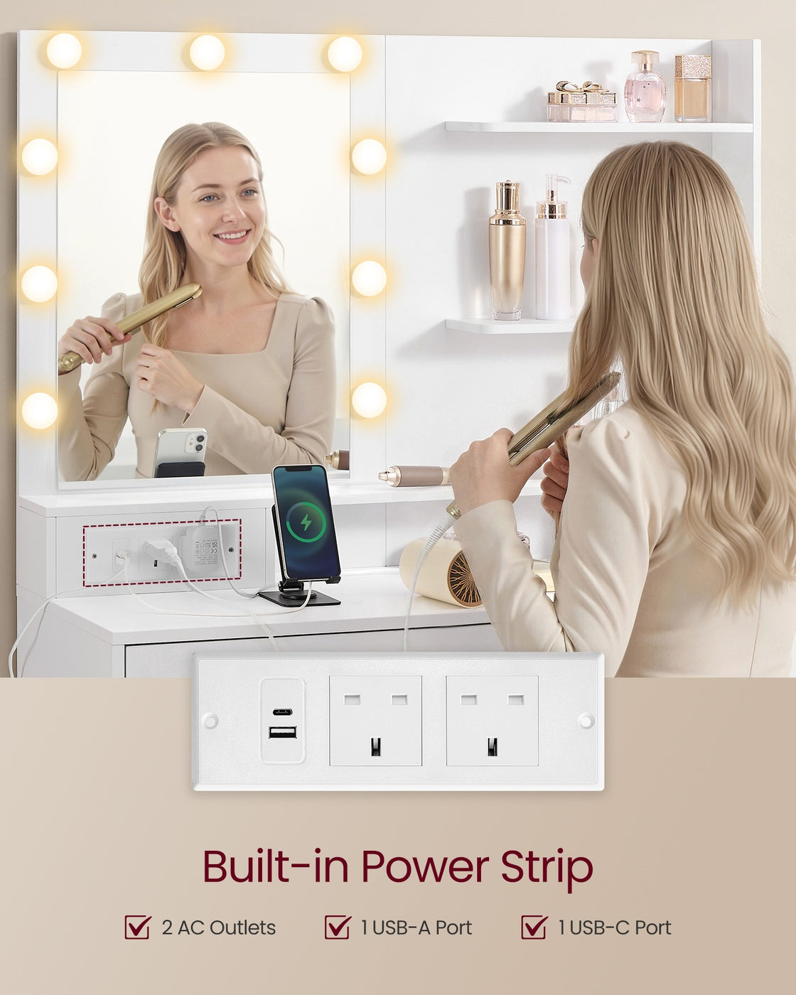 Dressing Table - 140L - Particleboard - LED Lighted Mirror
