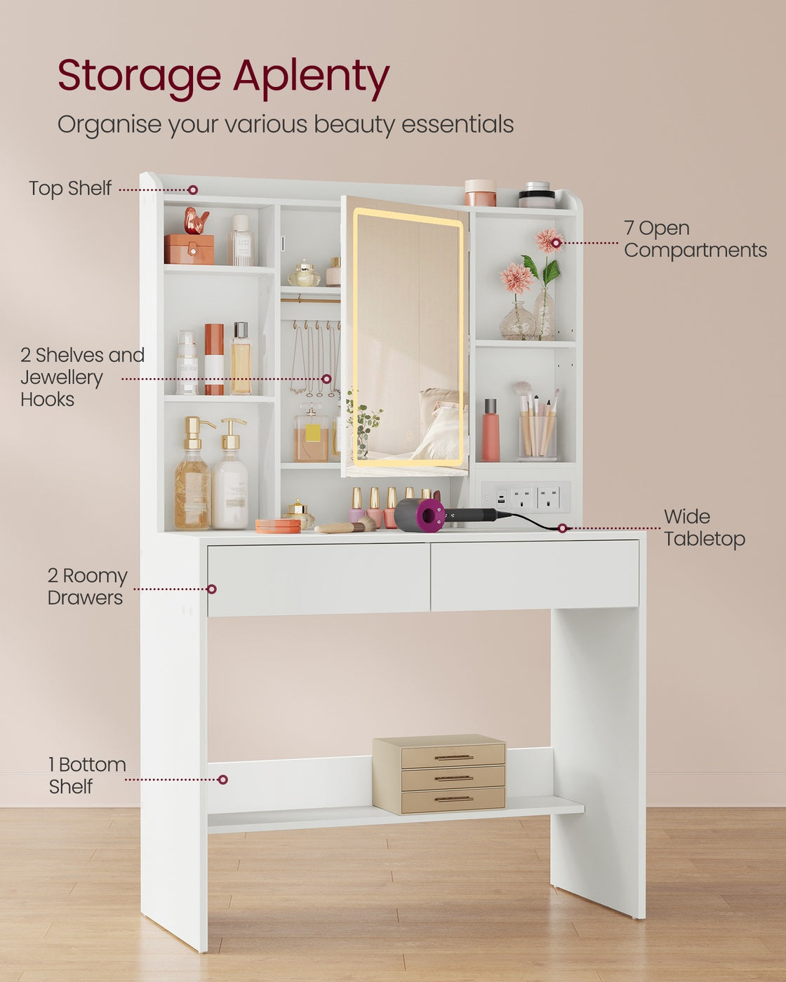 Dressing Table - 35.4W - Particleboard - 3-Colour LED Lights