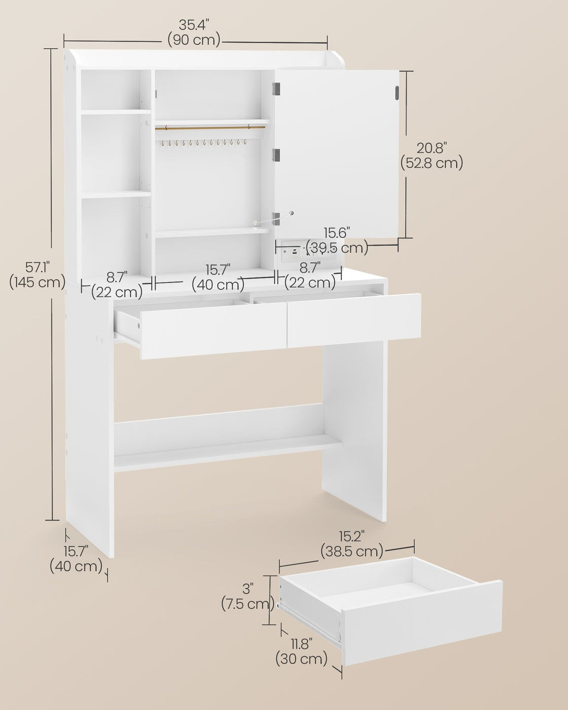 Dressing Table - 35.4W - Particleboard - 3-Colour LED Lights