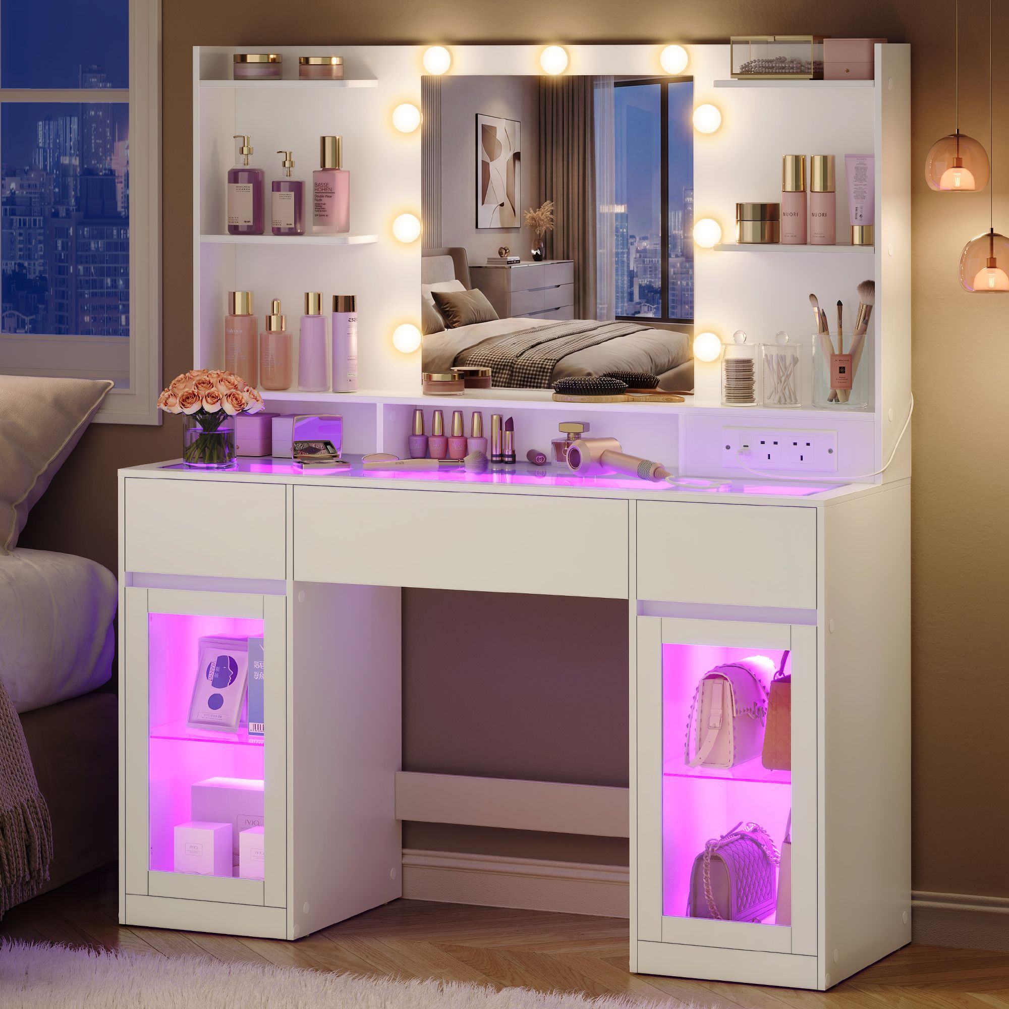 Dressing Table - With Drawers and Charging Outlet - Cloud White - 107 x 40 x 144.5 cm
