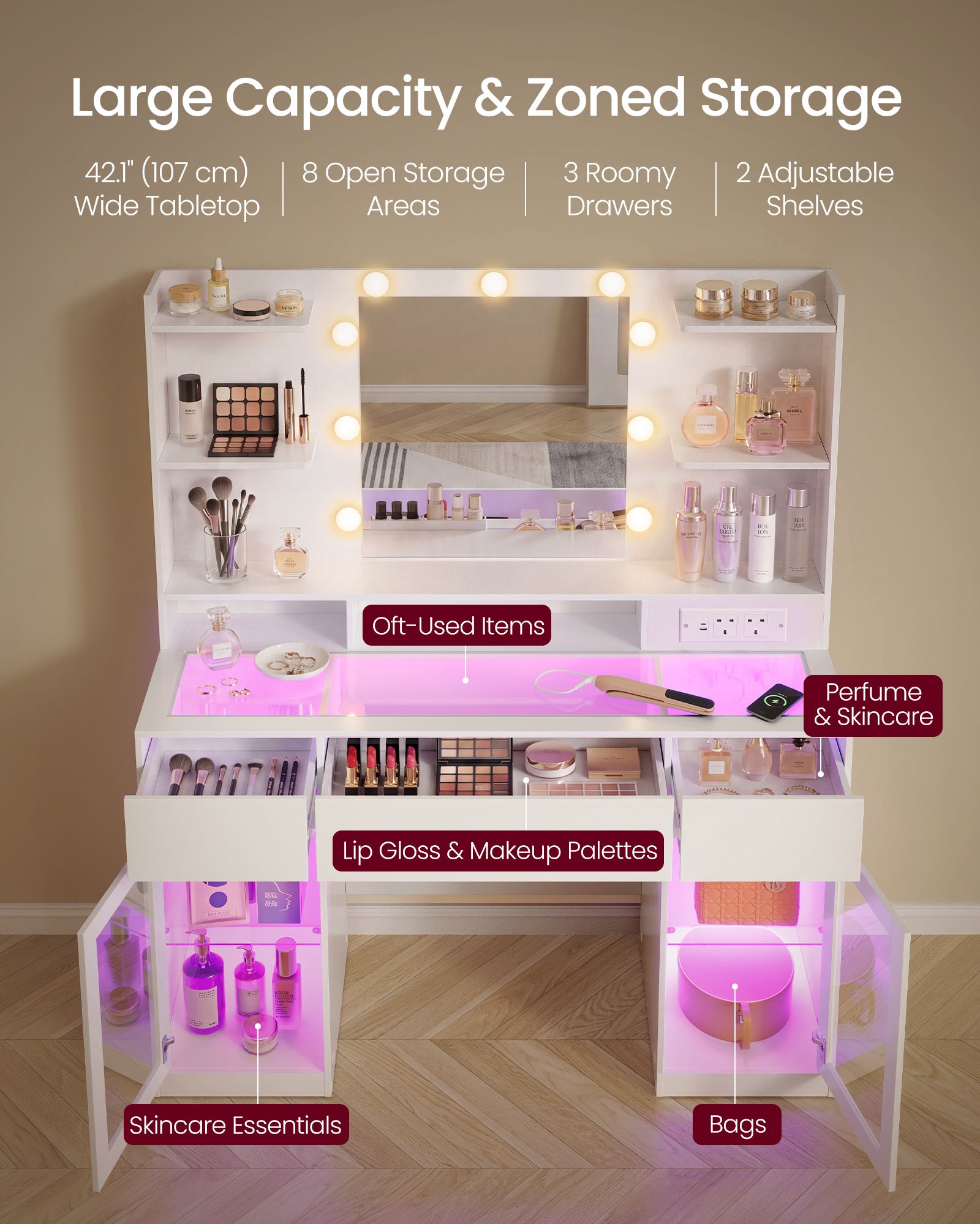 Dressing Table - With Drawers and Charging Outlet - Cloud White - 107 x 40 x 144.5 cm
