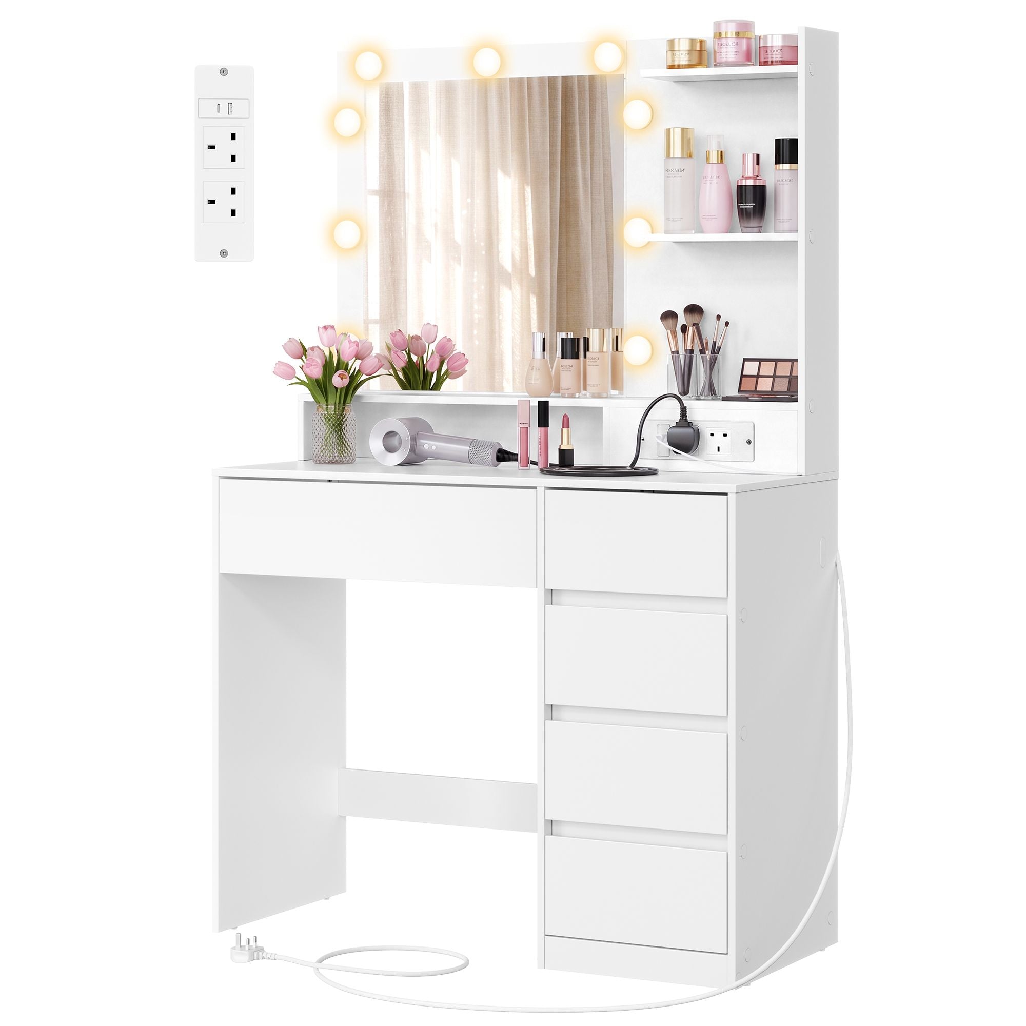 Dressing Table - With Drawers and Charging Outlet - Cloud White - 80 x 40 x 144.3 cm