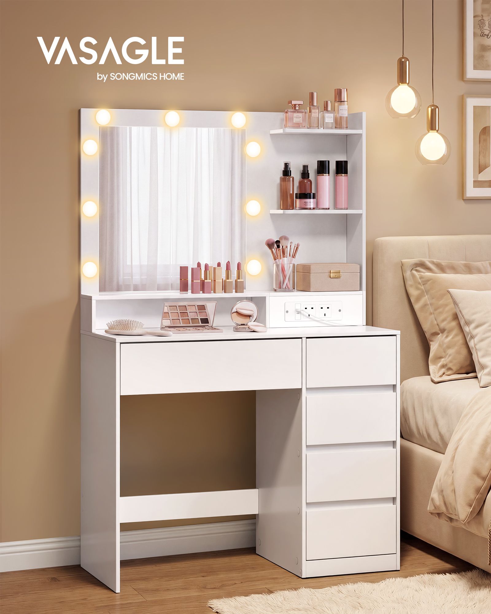 Dressing Table - With Drawers and Charging Outlet - Cloud White - 80 x 40 x 144.3 cm