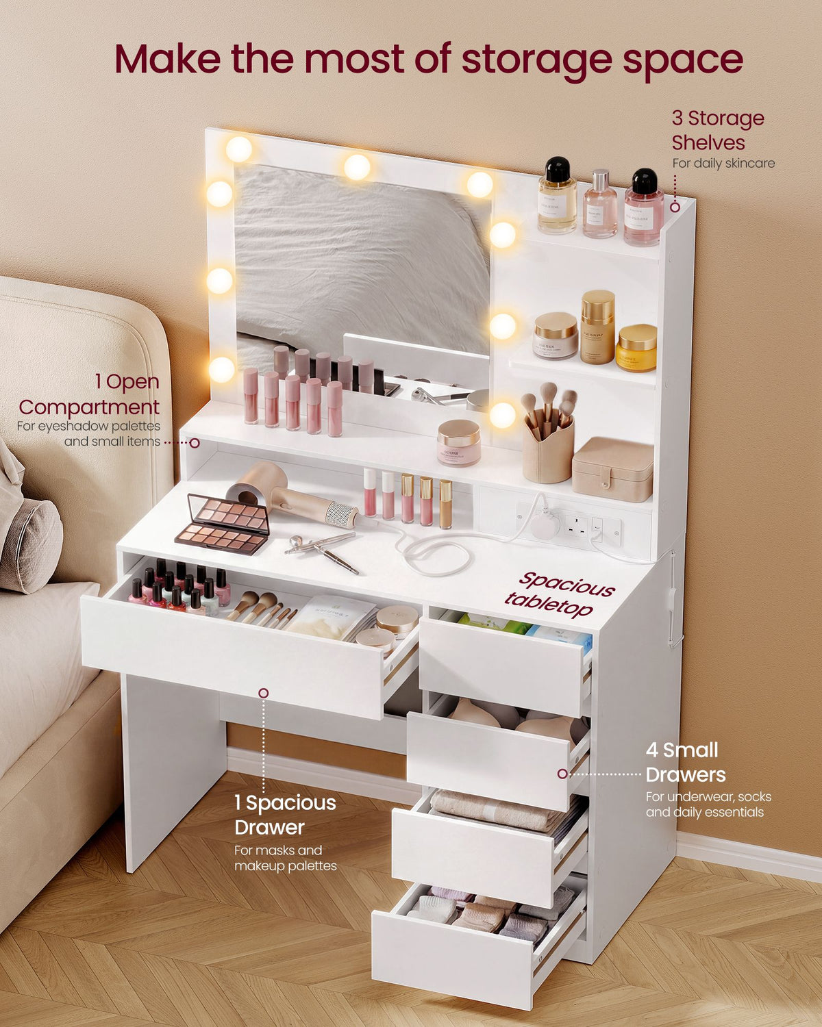 Dressing Table - With Drawers and Charging Outlet - Cloud White - 80 x 40 x 144.3 cm