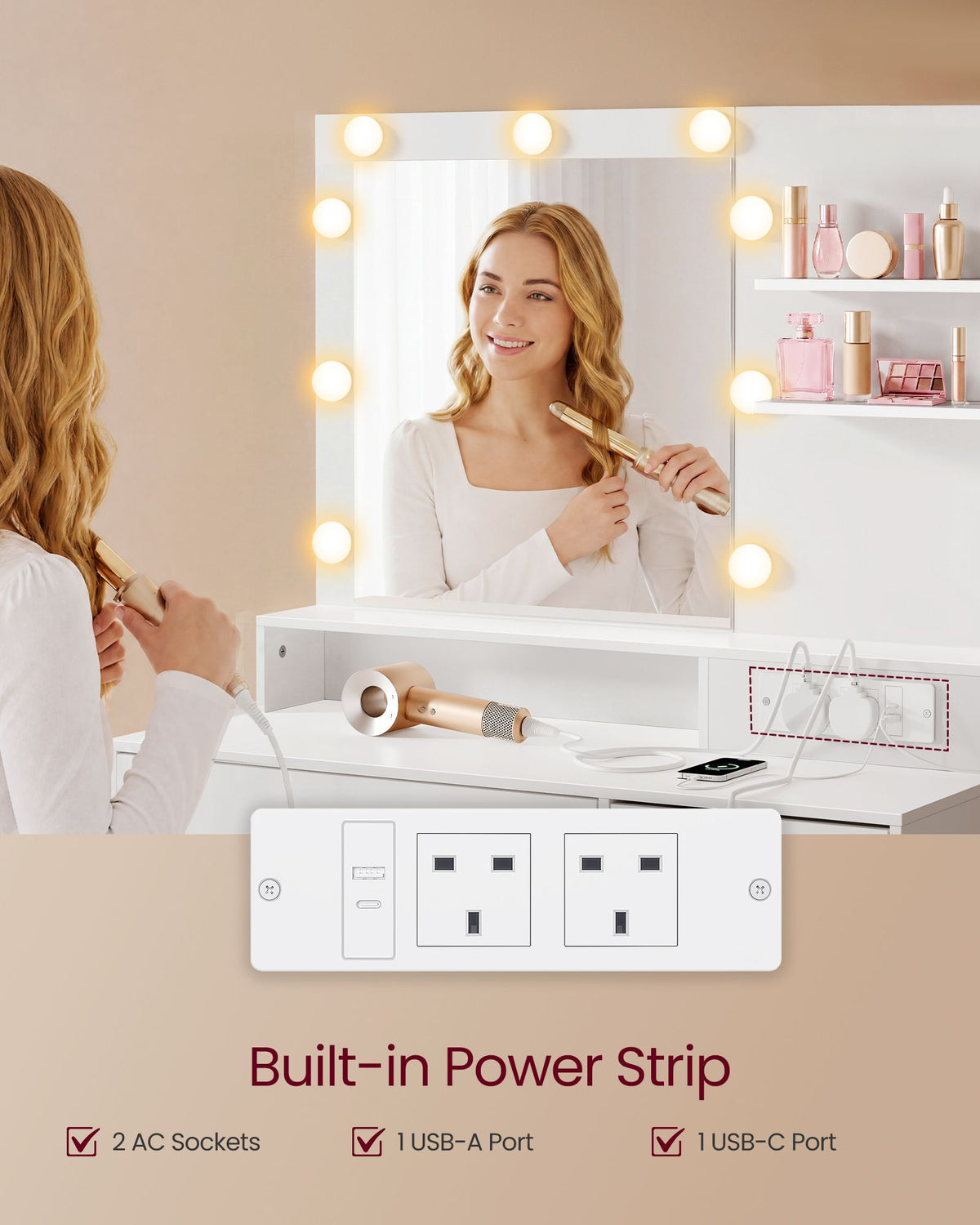 Dressing Table - With Drawers and Charging Outlet - Cloud White - 80 x 40 x 144.3 cm