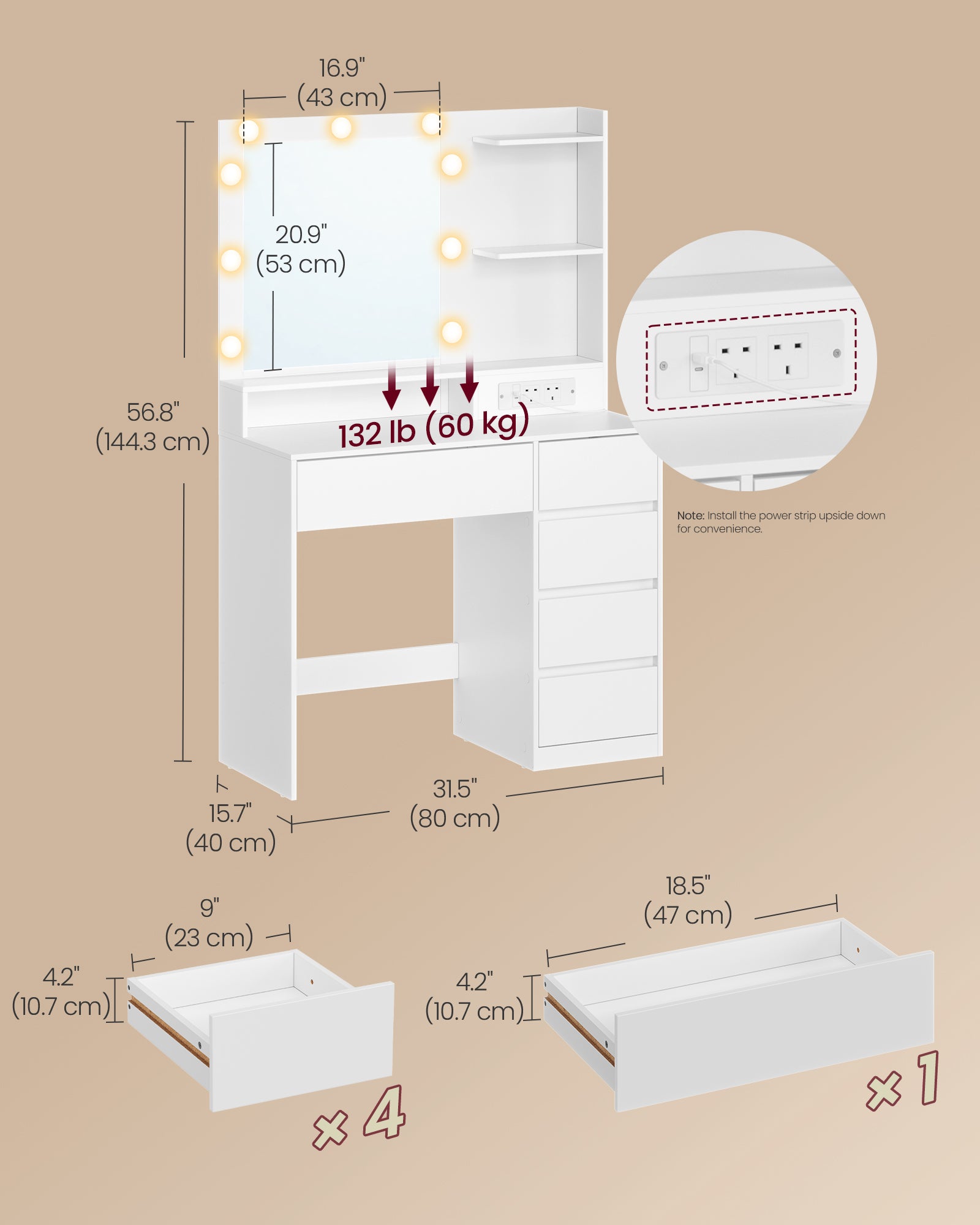 Dressing Table - With Drawers and Charging Outlet - Cloud White - 80 x 40 x 144.3 cm