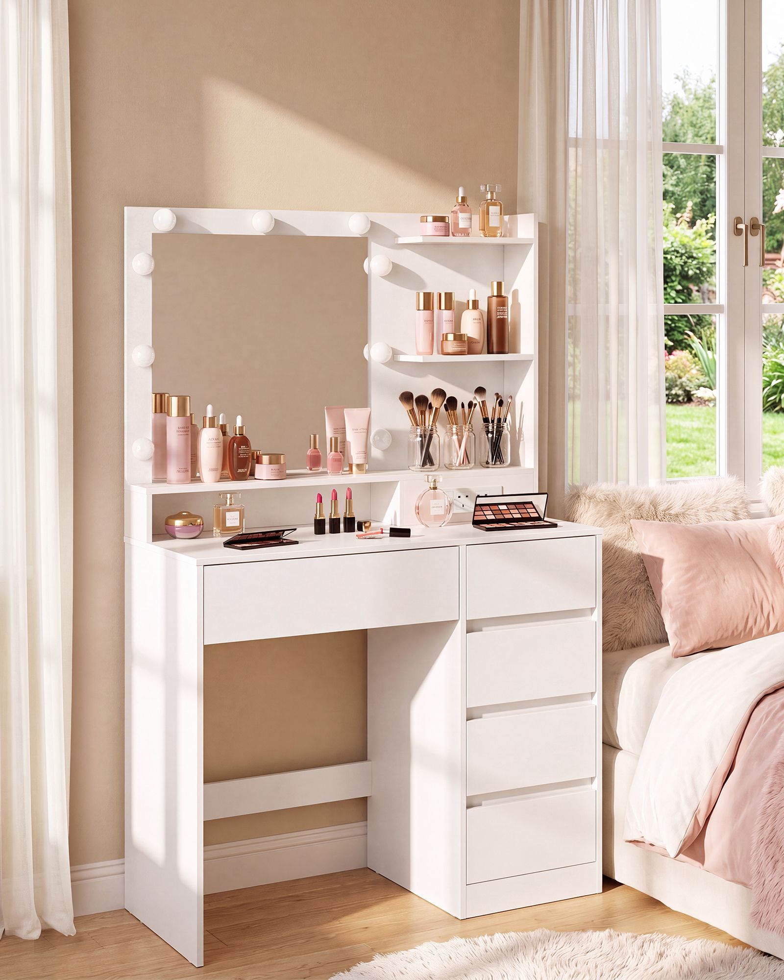 Dressing Table - With Drawers and Charging Outlet - Cloud White - 80 x 40 x 144.3 cm