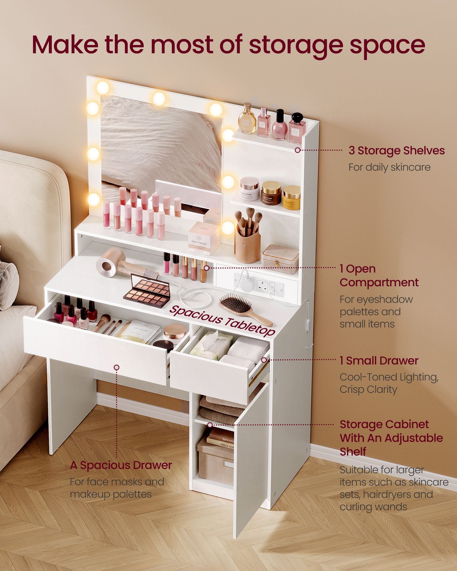 Hollywood Mirror - With Dimmable LED Lights - Cloud White - 80 x 80 x 144.3 cm