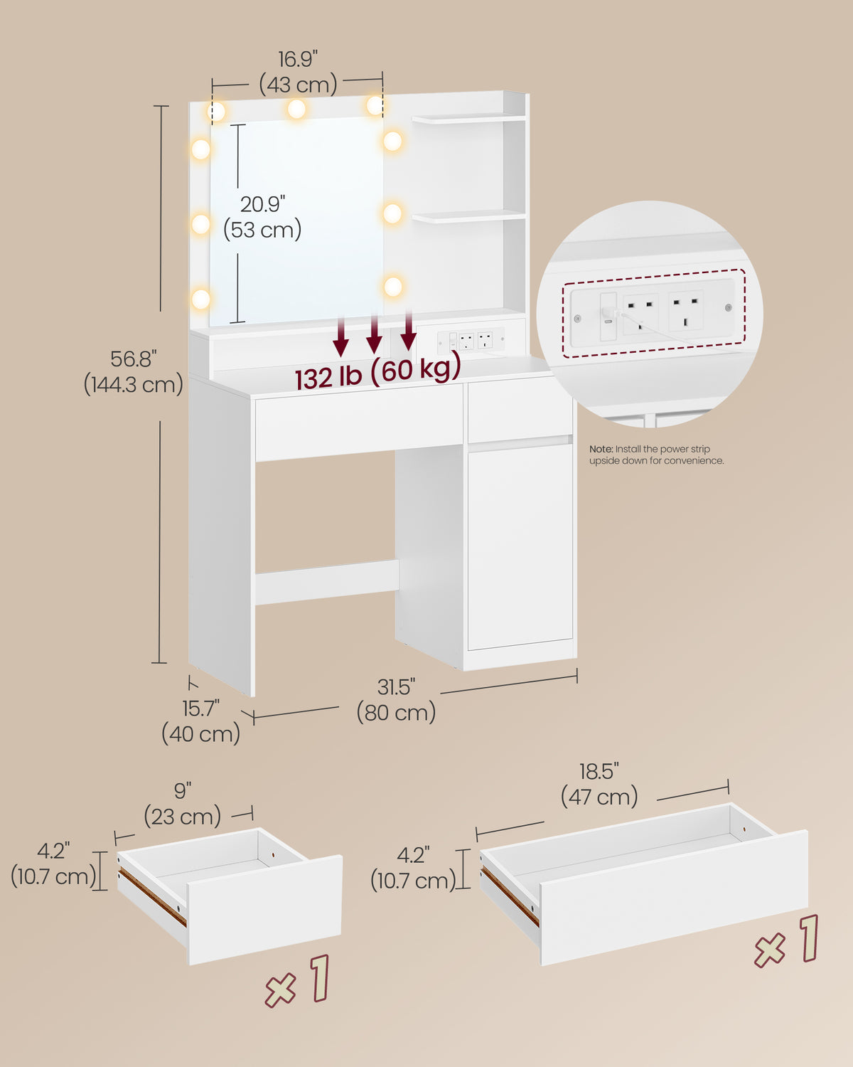 Hollywood Mirror - With Dimmable LED Lights - Cloud White - 80 x 80 x 144.3 cm