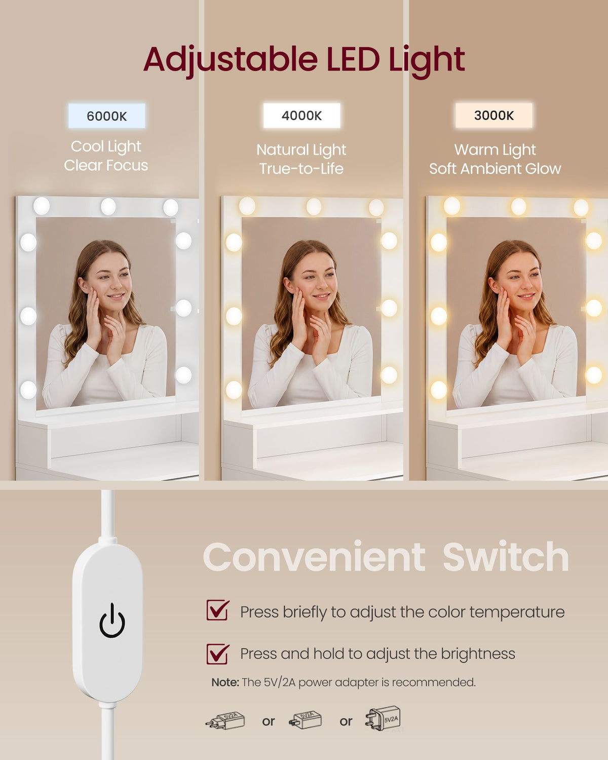 Hollywood Mirror - With Dimmable LED Lights - Cloud White - 80 x 80 x 144.3 cm