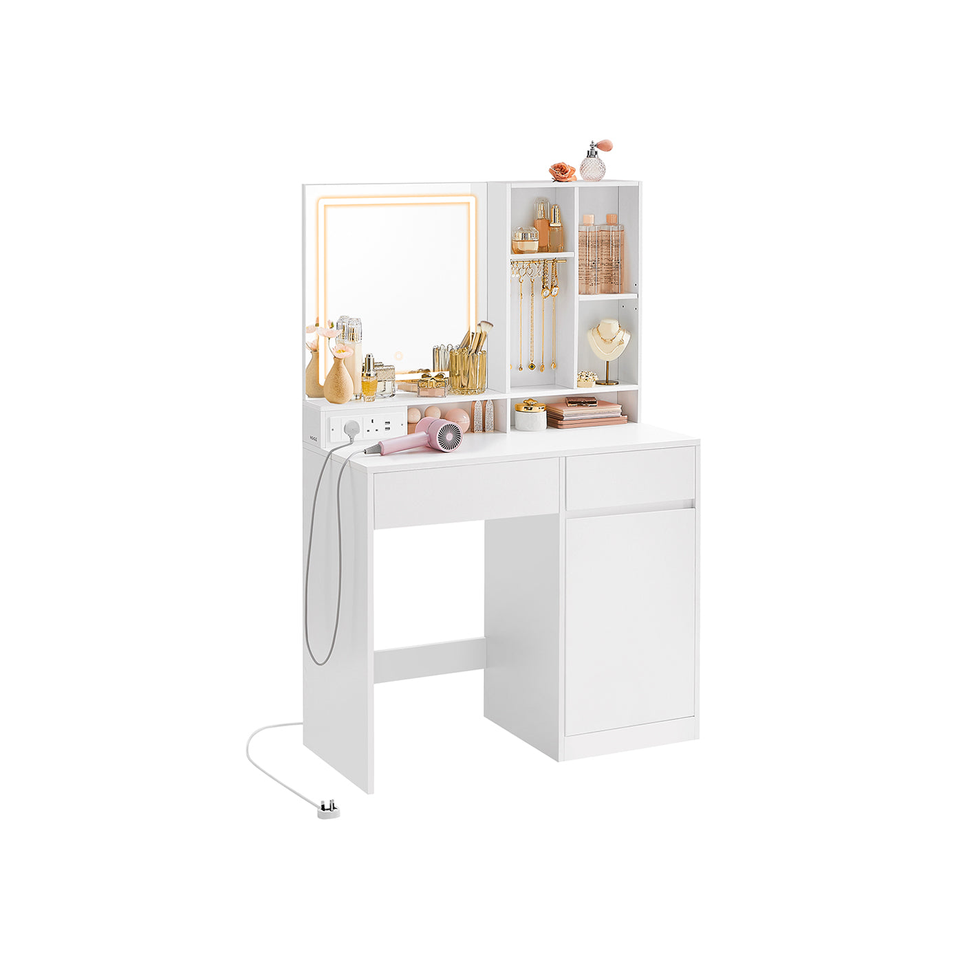Dressing Table - Wood - Cloud White - Illuminated Mirror with Power Outlets and Drawers