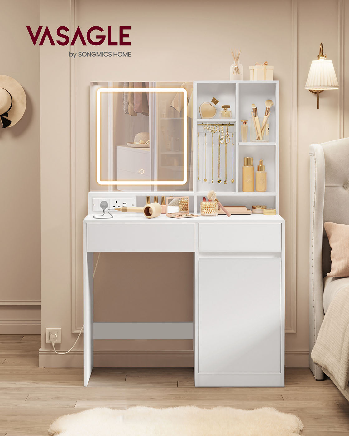 Dressing Table - Wood - Cloud White - Illuminated Mirror with Power Outlets and Drawers