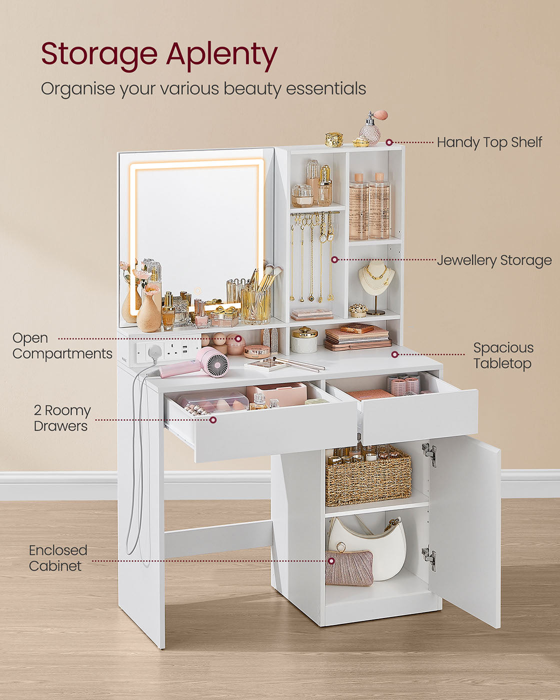 Dressing Table - Wood - Cloud White - Illuminated Mirror with Power Outlets and Drawers