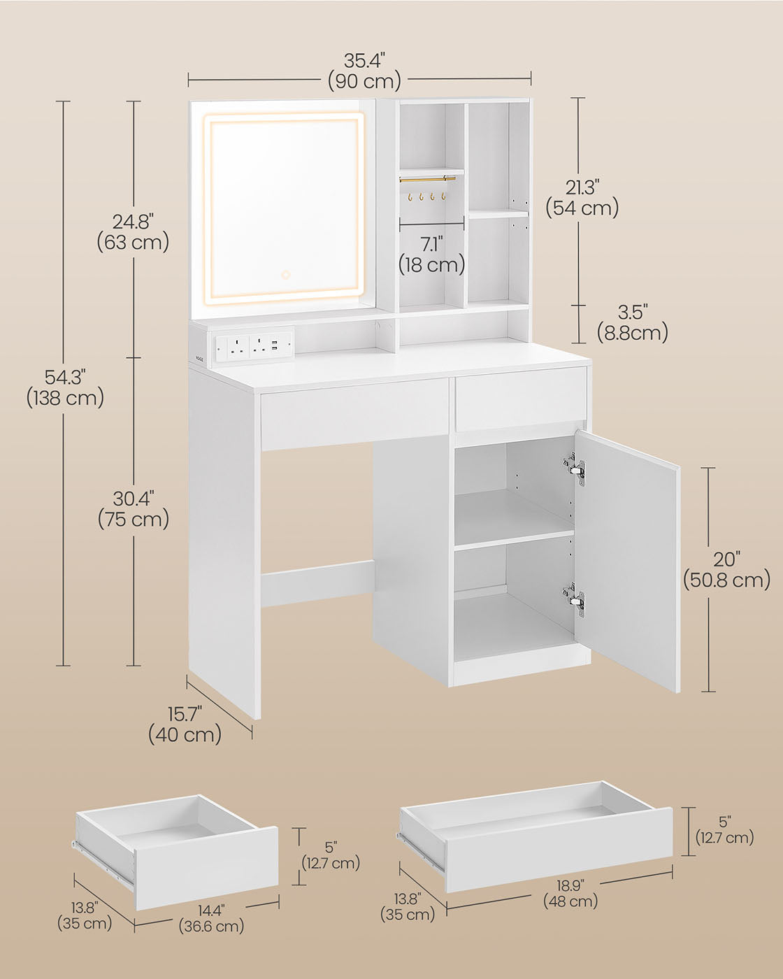 Dressing Table - Wood - Cloud White - Illuminated Mirror with Power Outlets and Drawers