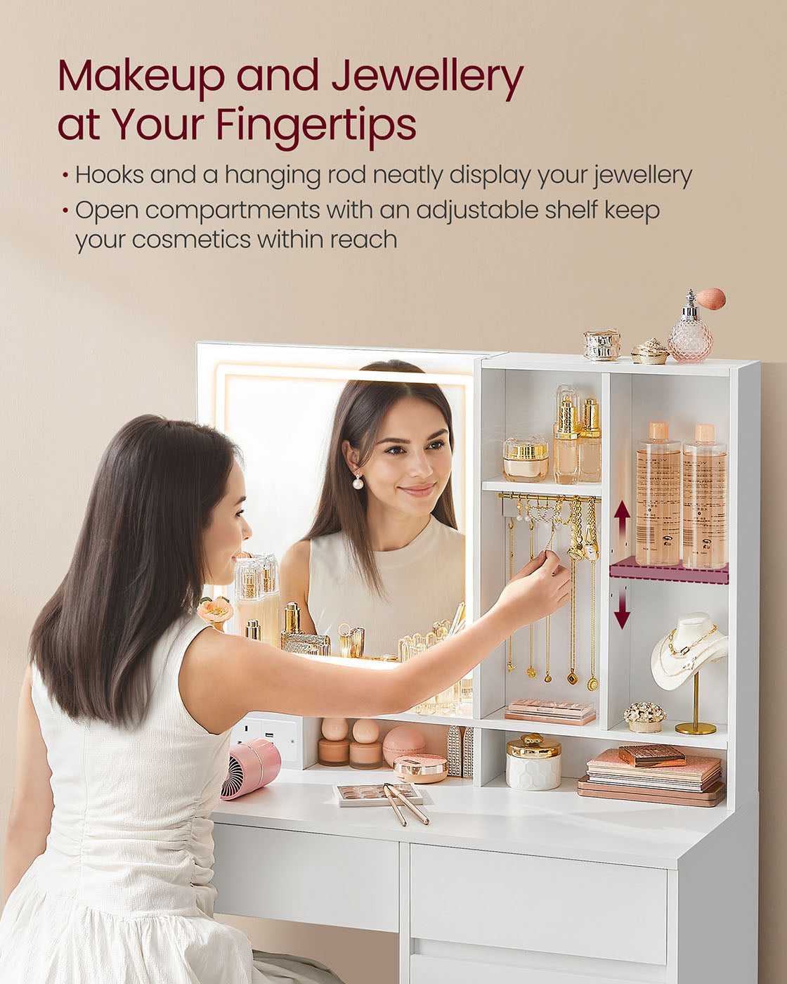 Dressing Table - Wood - Cloud White - Illuminated Mirror with Power Outlets and Drawers