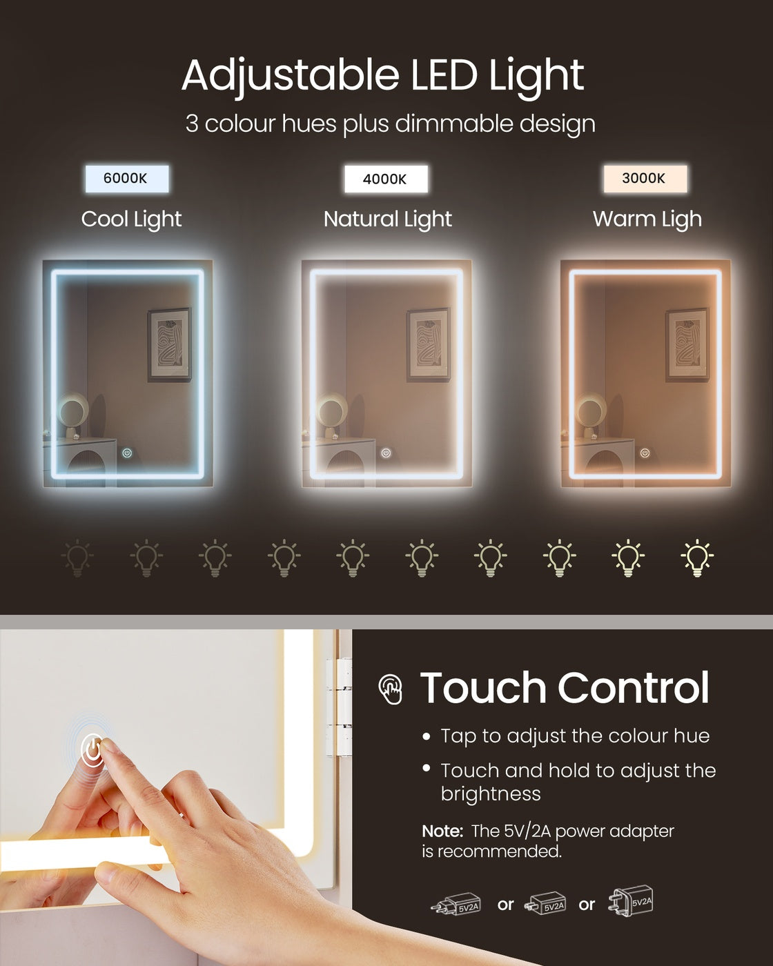 Dressing Table - Engineered Wood - Cloud White - LED Lights with Adjustable Brightness and Drawers