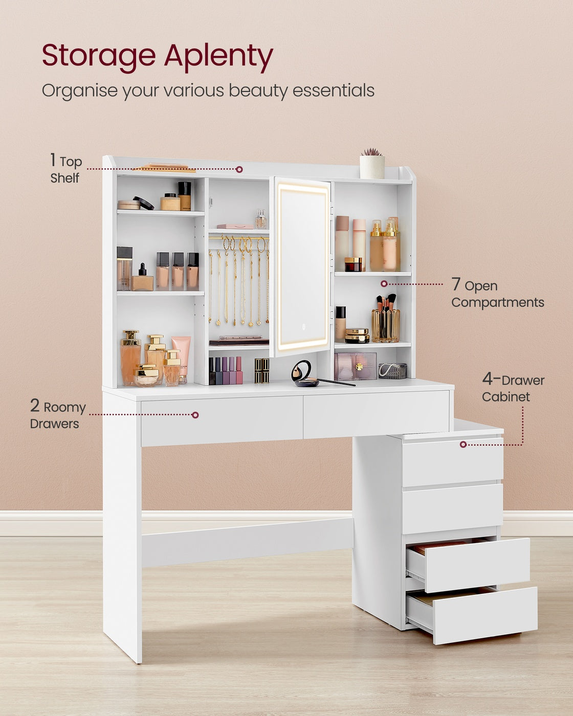 Dressing Table - Engineered Wood - Cloud White - LED Lights with Adjustable Brightness and Drawers