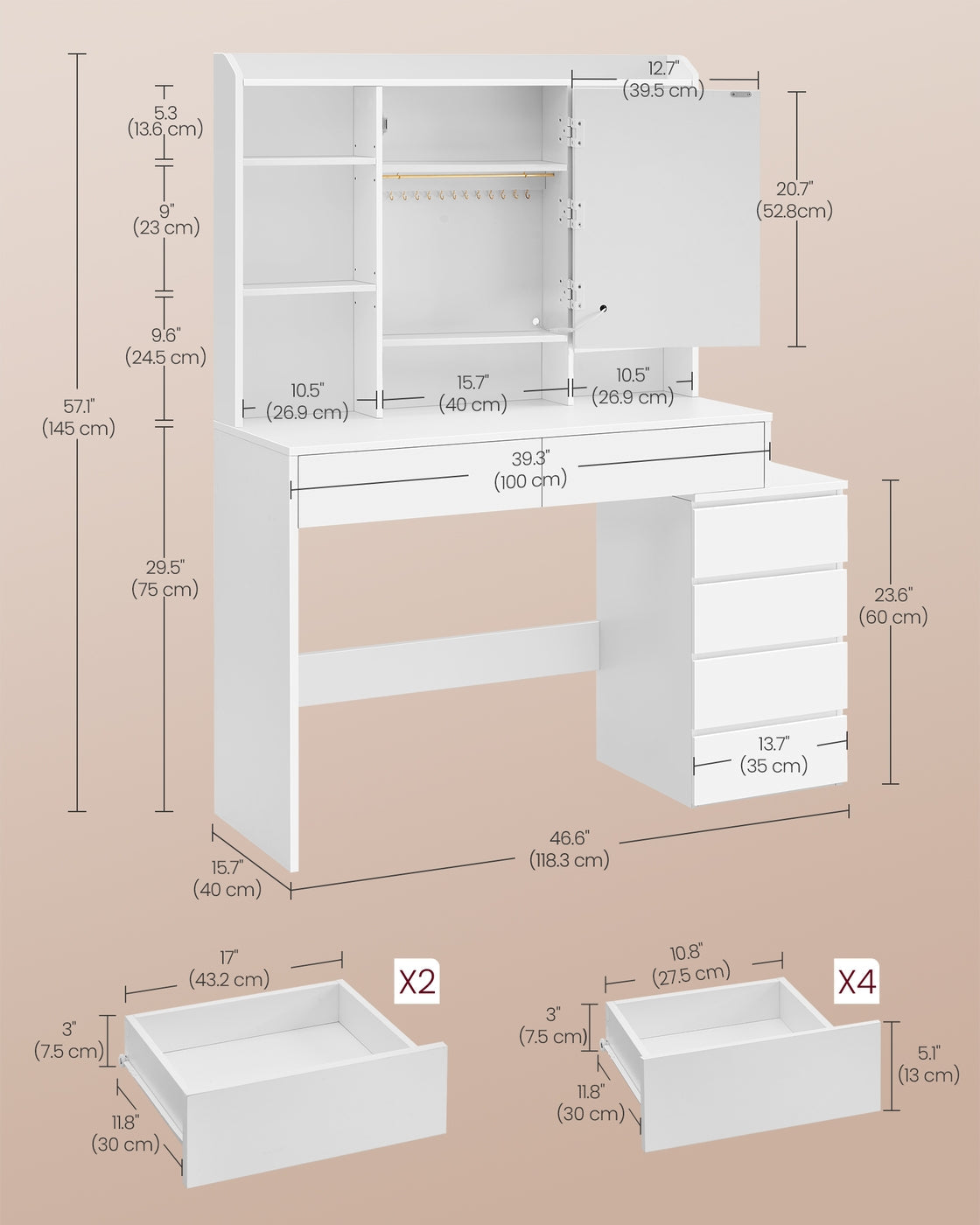 Dressing Table - Engineered Wood - Cloud White - LED Lights with Adjustable Brightness and Drawers