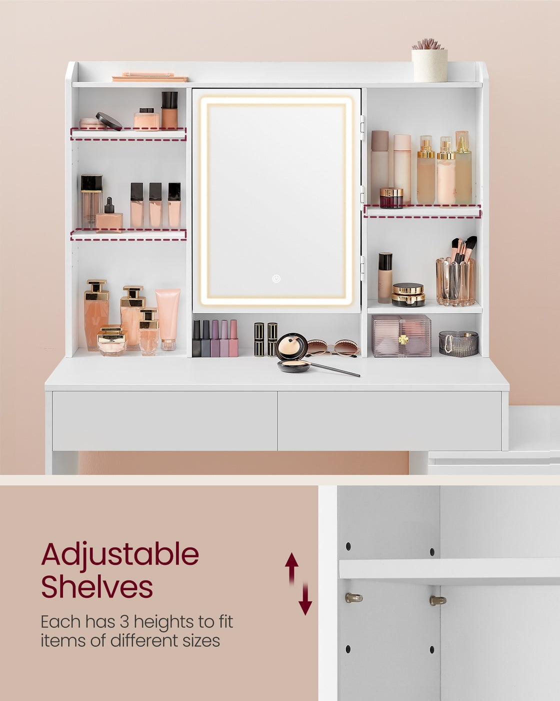 Dressing Table - Engineered Wood - Cloud White - LED Lights with Adjustable Brightness and Drawers