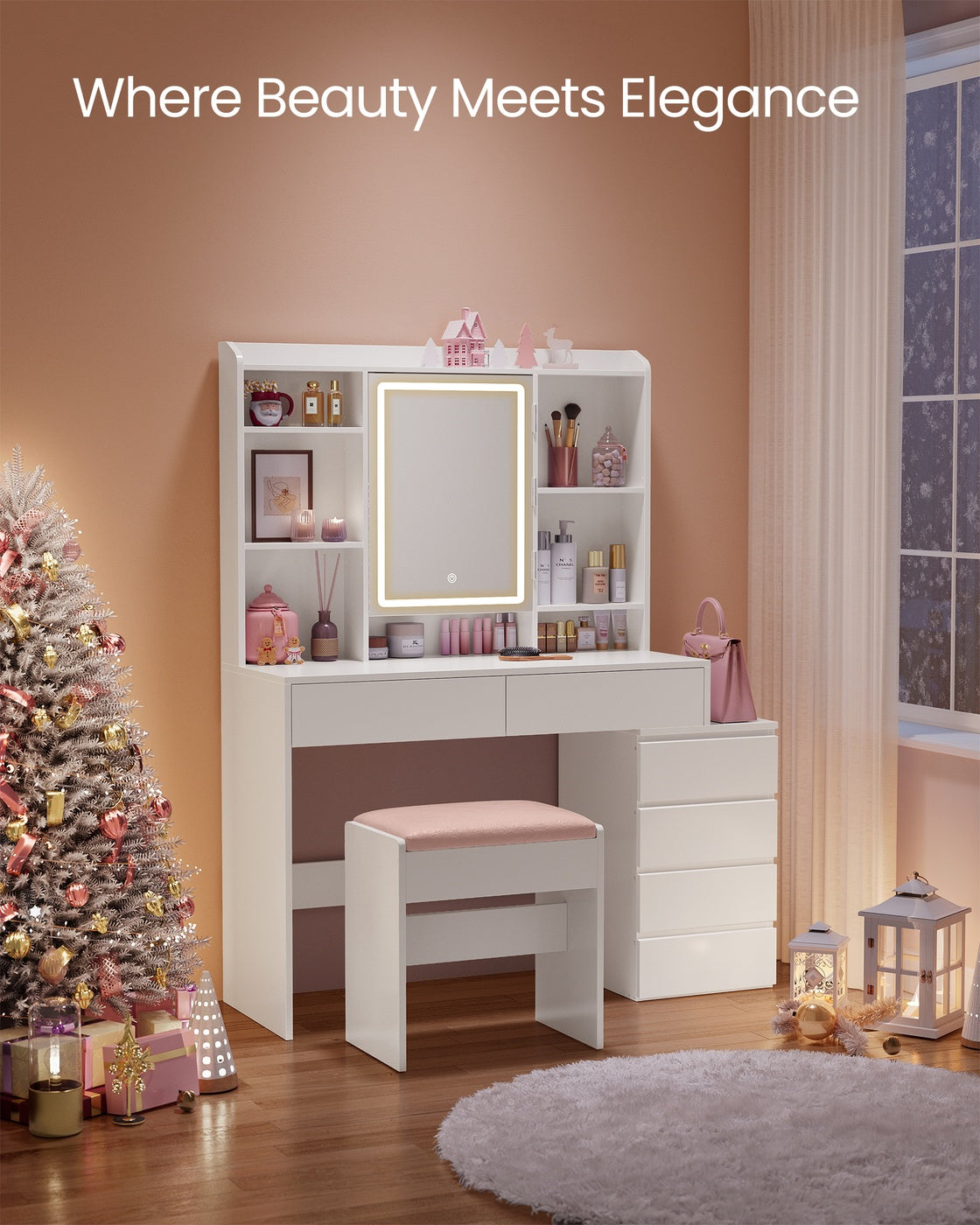 Dressing Table - Engineered Wood - Cloud White - LED Lights with Adjustable Brightness and Drawers