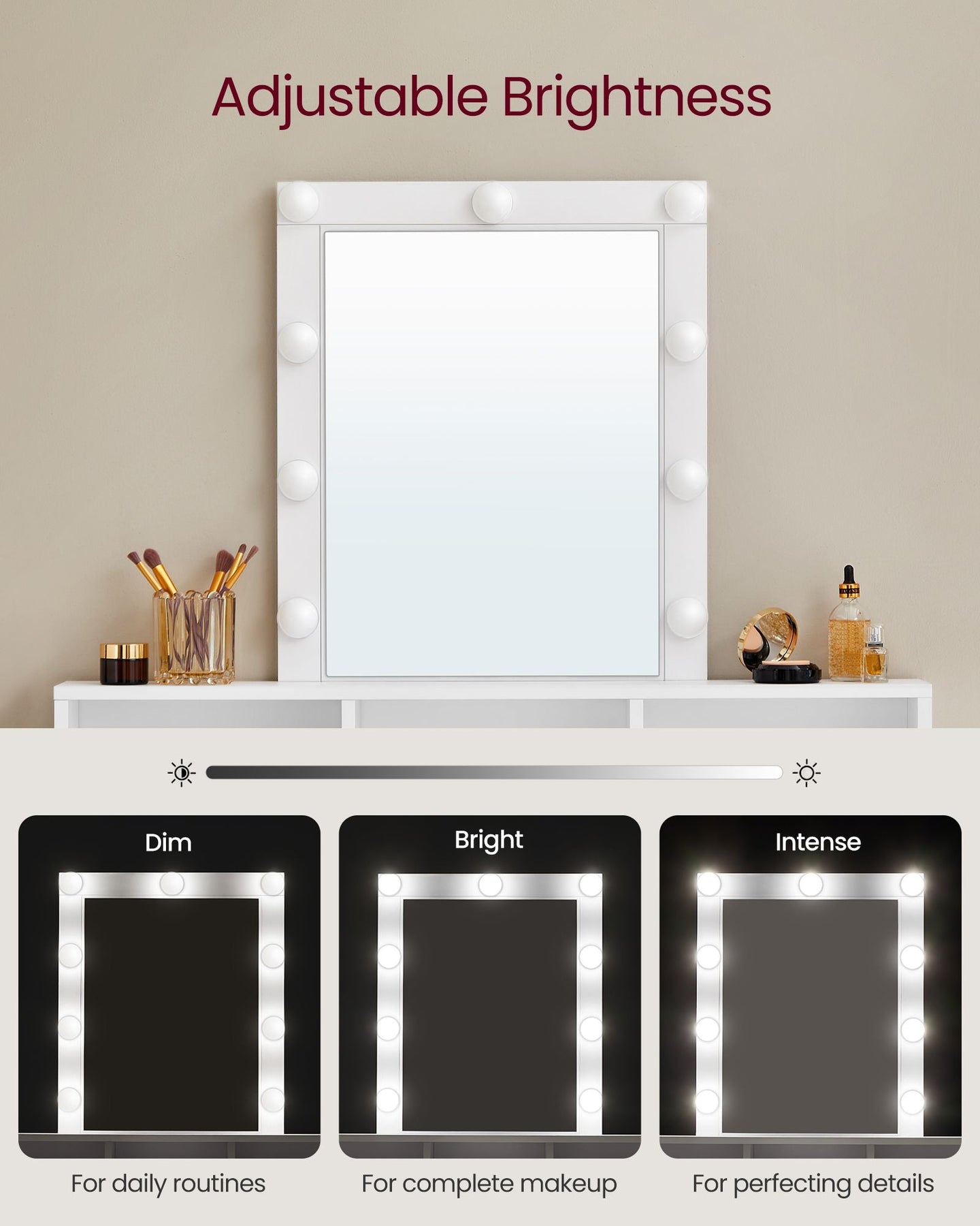 Dressing Table - Wood - White - LED Lights with Adjustable Brightness and Storage Compartments