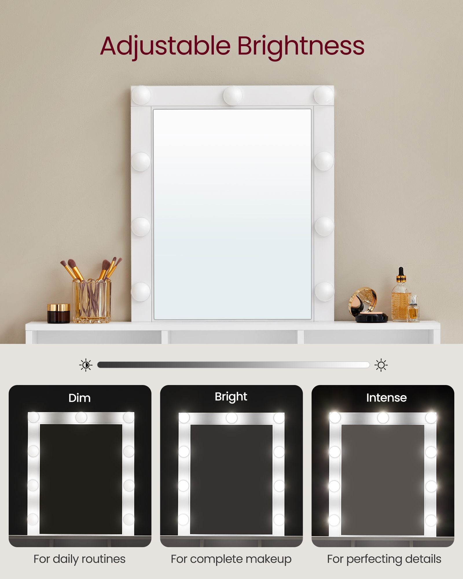 Dressing Table - Wood - White - LED Lights with Adjustable Brightness and Storage Compartments